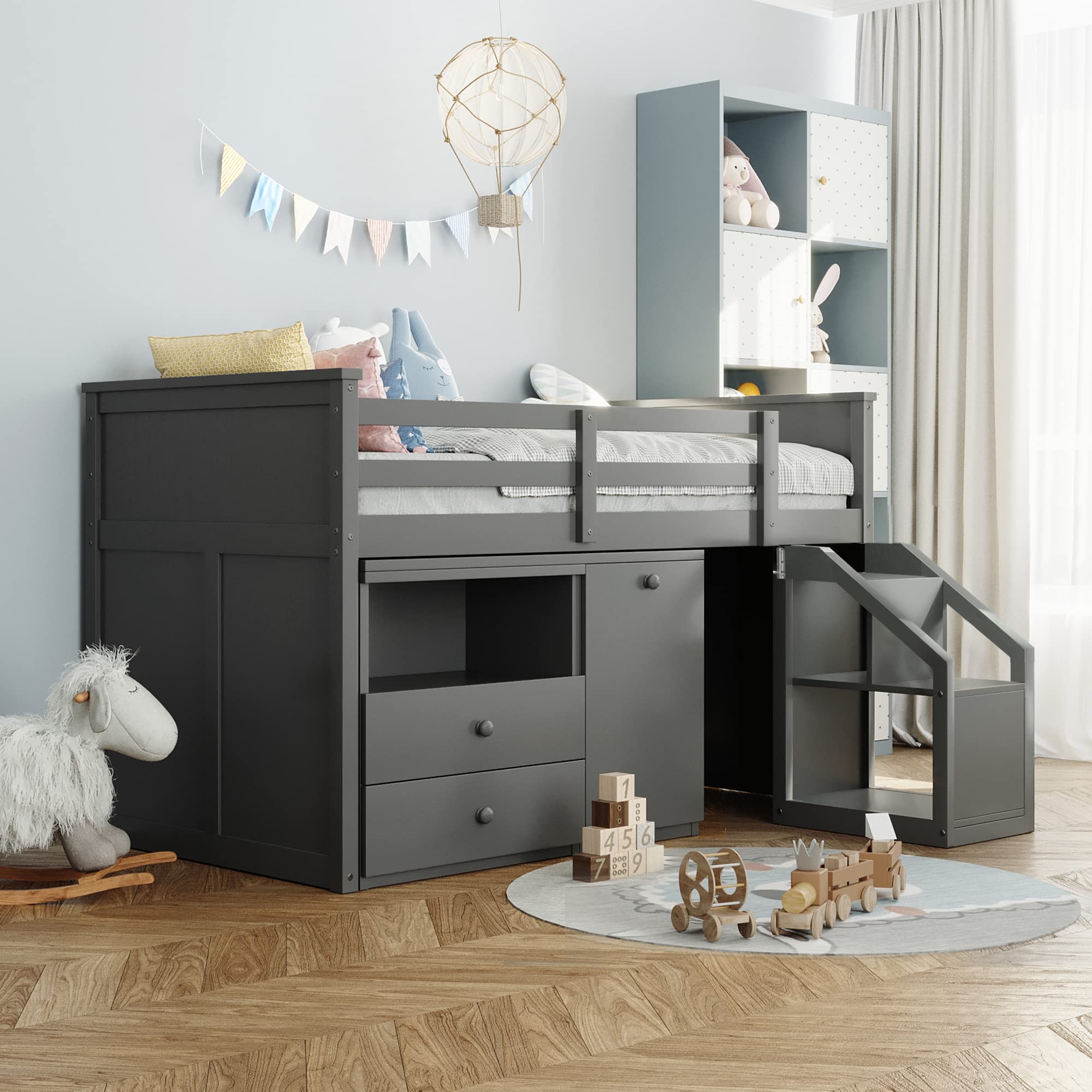 Wood Twin Loft Bed with Desk & Storage - Space-Saving Kids Bedroom Furniture for Boys & Girls | Study, Sleep & Play Solution for Small Rooms