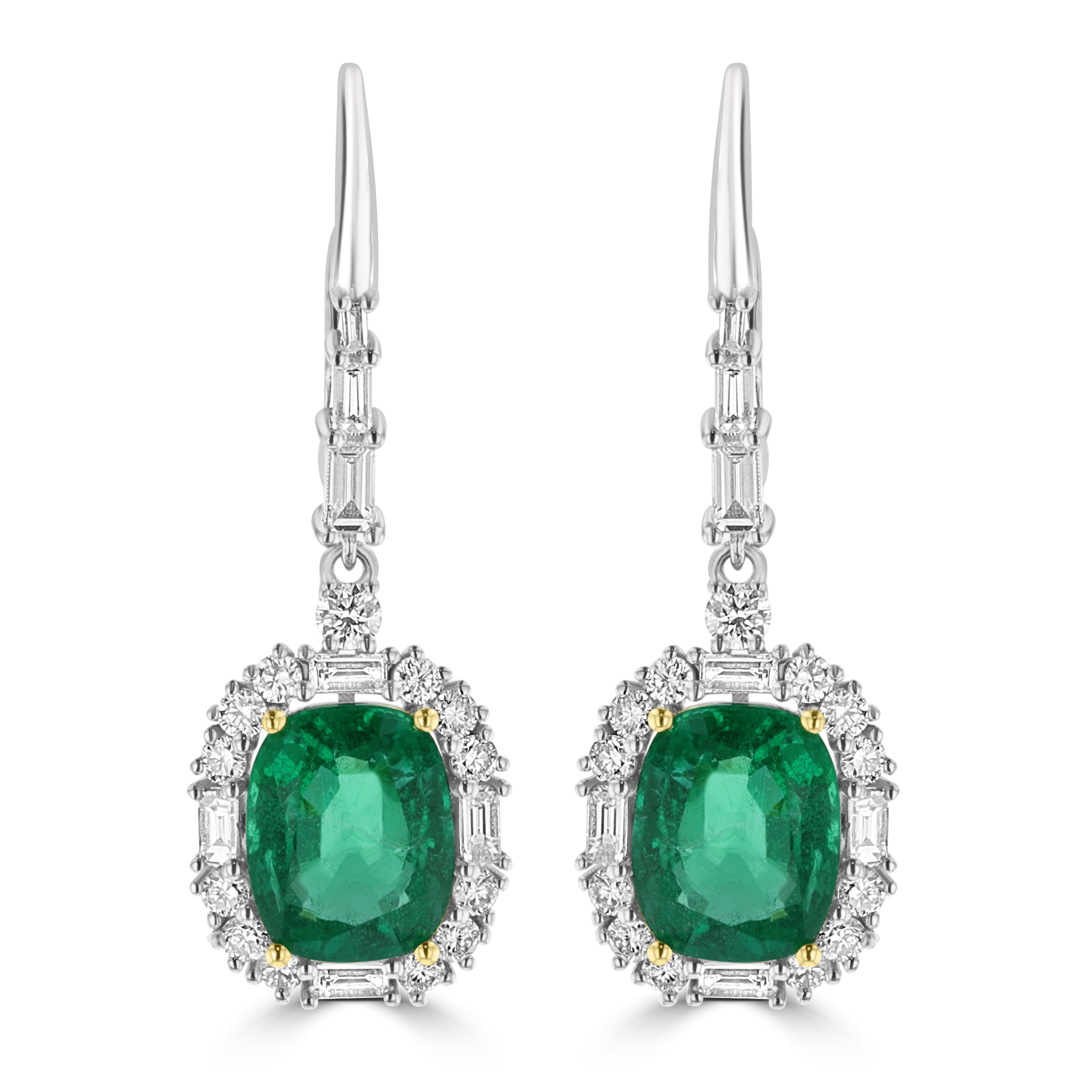 18KT White Gold 5.19 CTW Emerald & 1.50 CTW Diamond Halo Drop Earrings for Women - Luxury Dangle Earrings for Weddings, Parties & Special Occasions