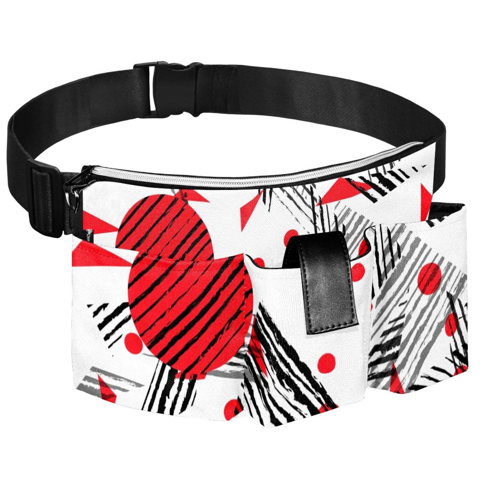 Adjustable Gardening Waist Bag - Portable Hanging Pouch for Tools & Dog Walking - Red Black Geometric Pattern - Outdoor Activities & DIY Projects