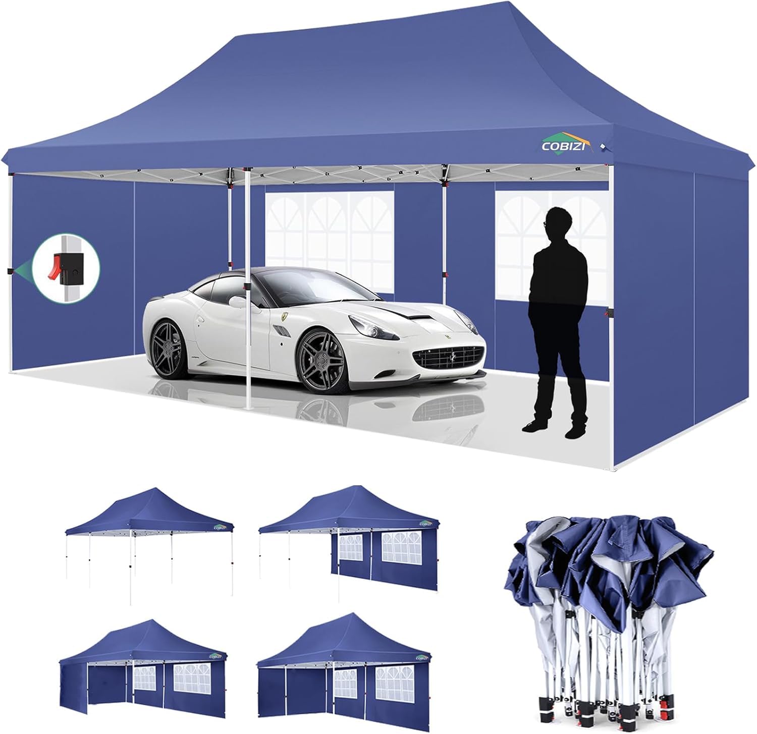 COBIZI 10x20ft Pop Up Canopy Tent with 4 Removable Sidewalls - Waterproof UV50+ Commercial Gazebo, Easy Setup with Adjustable Leg Heights & Carry Bag - Perfect for Outdoor Parties, Events, Camping & Market Stalls