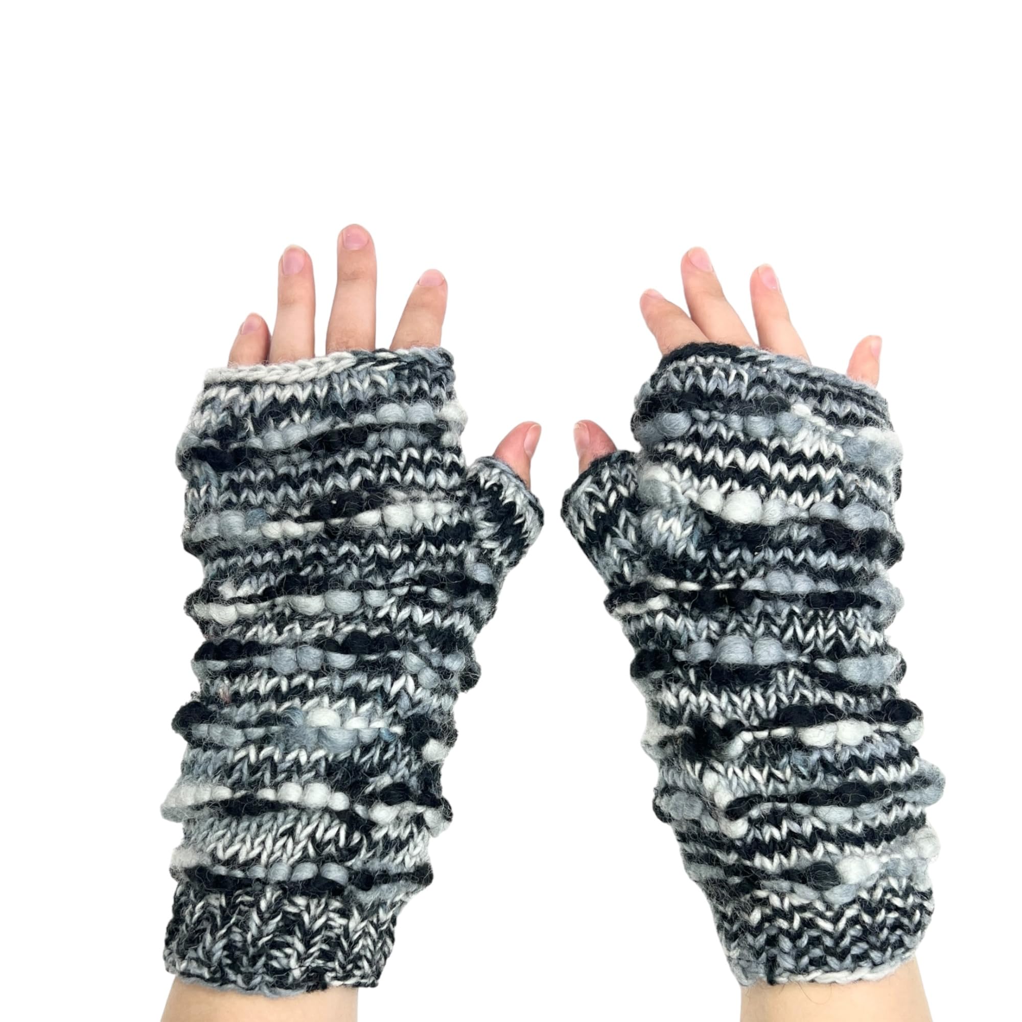 Warm Wool Fleece Lined Fingerless Gloves for Women & Men - Hand Knit Winter Striped Texting Gloves - Perfect for Typing, Driving, and Outdoor Activities