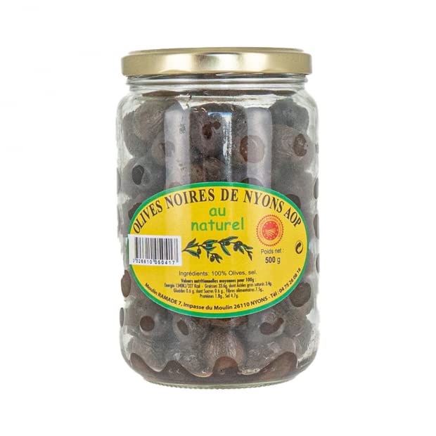 Premium Nyons Olives in Brine - 500g Glass Jar by Moulin Ramade | Gourmet French Olives for Charcuterie Boards, Salads & Mediterranean Cooking