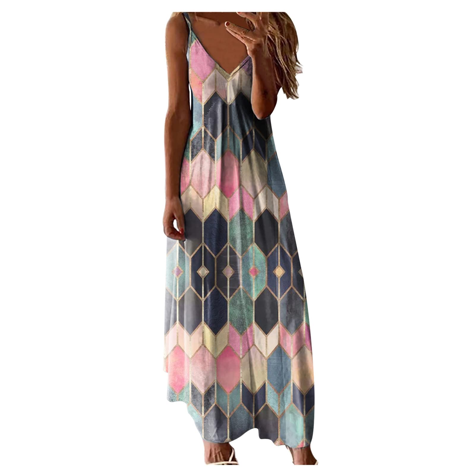 Fashion Print Plus Size V-Neck Casual Dress - Women's Long Sleeveless Vest Dress for Work, Party & Everyday Wear