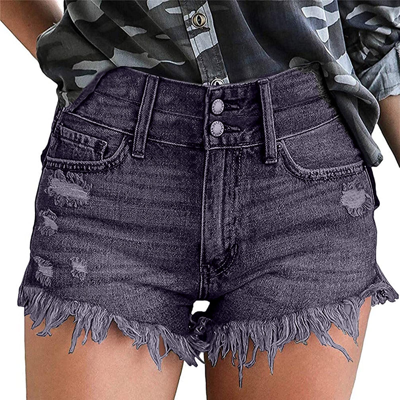 Women's High Waist Stretch Denim Shorts - Ripped Frayed Hem Casual Jean Shorts with Distressed Holes | Perfect for Summer Outfits, Beach Wear & Casual Street Style