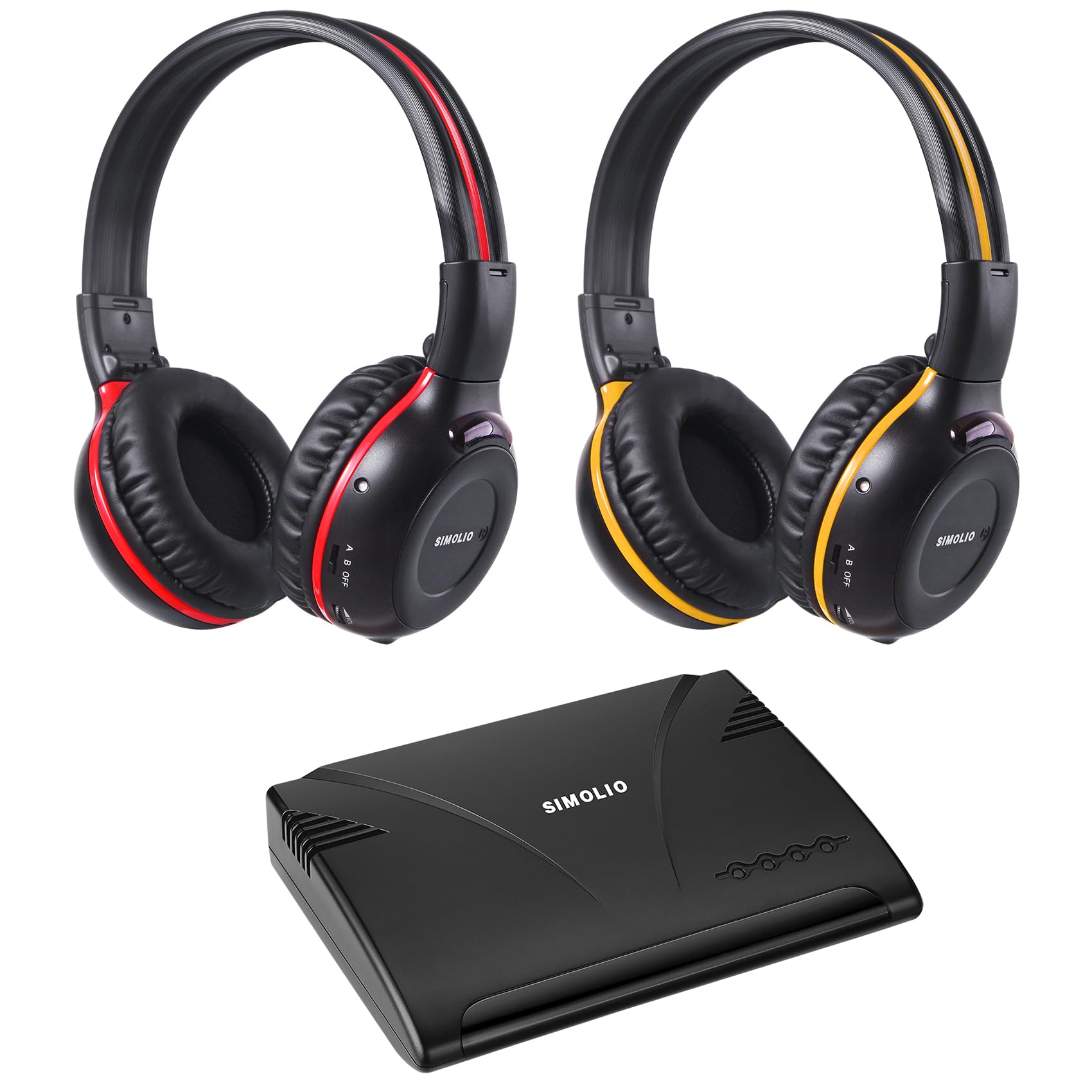SIMOLIO 2 Pack Wireless IR Headphones with 2-Channel IR Transmitter - Compatible with TV, PC & Car DVD - Universal Kids & Rear Seat Passenger Headphones for Home Entertainment & Road Trips