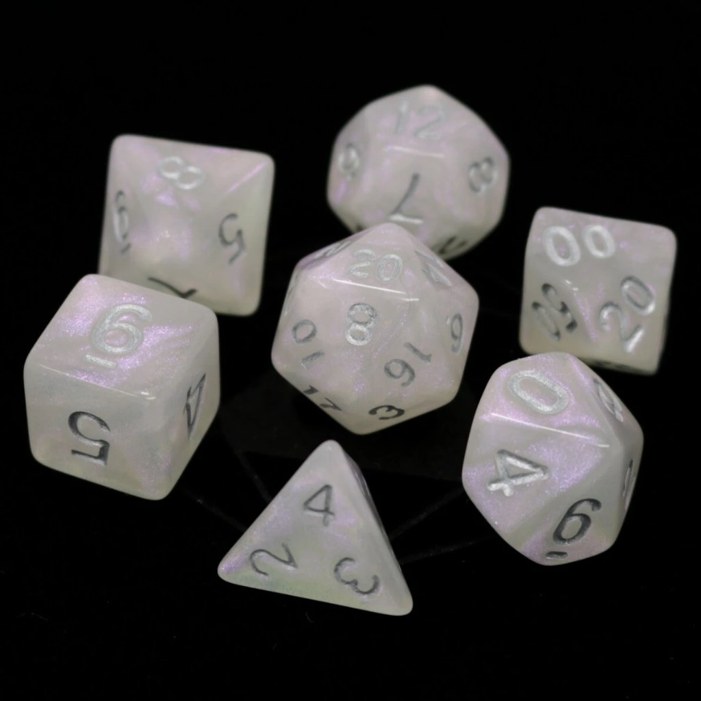 7 Piece Moonstone and Silver RPG Dice Set for Dungeons & Dragons, Pathfinder, and Tabletop Gaming - Perfect for Fantasy Role-Playing Games and Collectors