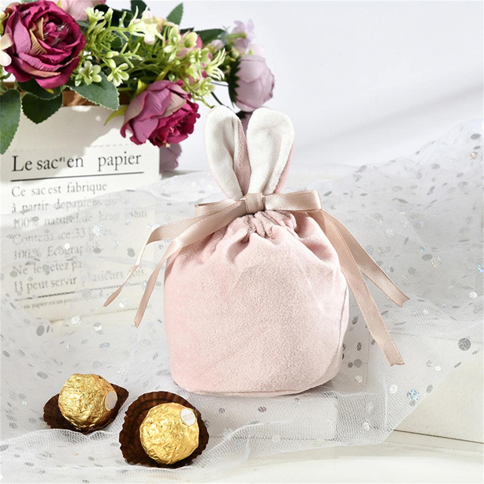 Easter Bunny Velvet Gift Bags with Rabbit Ears - Cute Cartoon Drawstring Candy Bags for Easter Treats, Party Favors, and Holiday Decorations | Perfect for Easter Egg Hunts, Classroom Gifts & Spring Celebrations