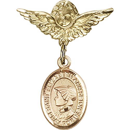 Gold Filled Baby Badge with St. Elizabeth Ann Seton Charm & Angel Wing Pin - 1 x 3/4 Inch - Religious Jewelry for Baptism, Christening & First Communion Gifts