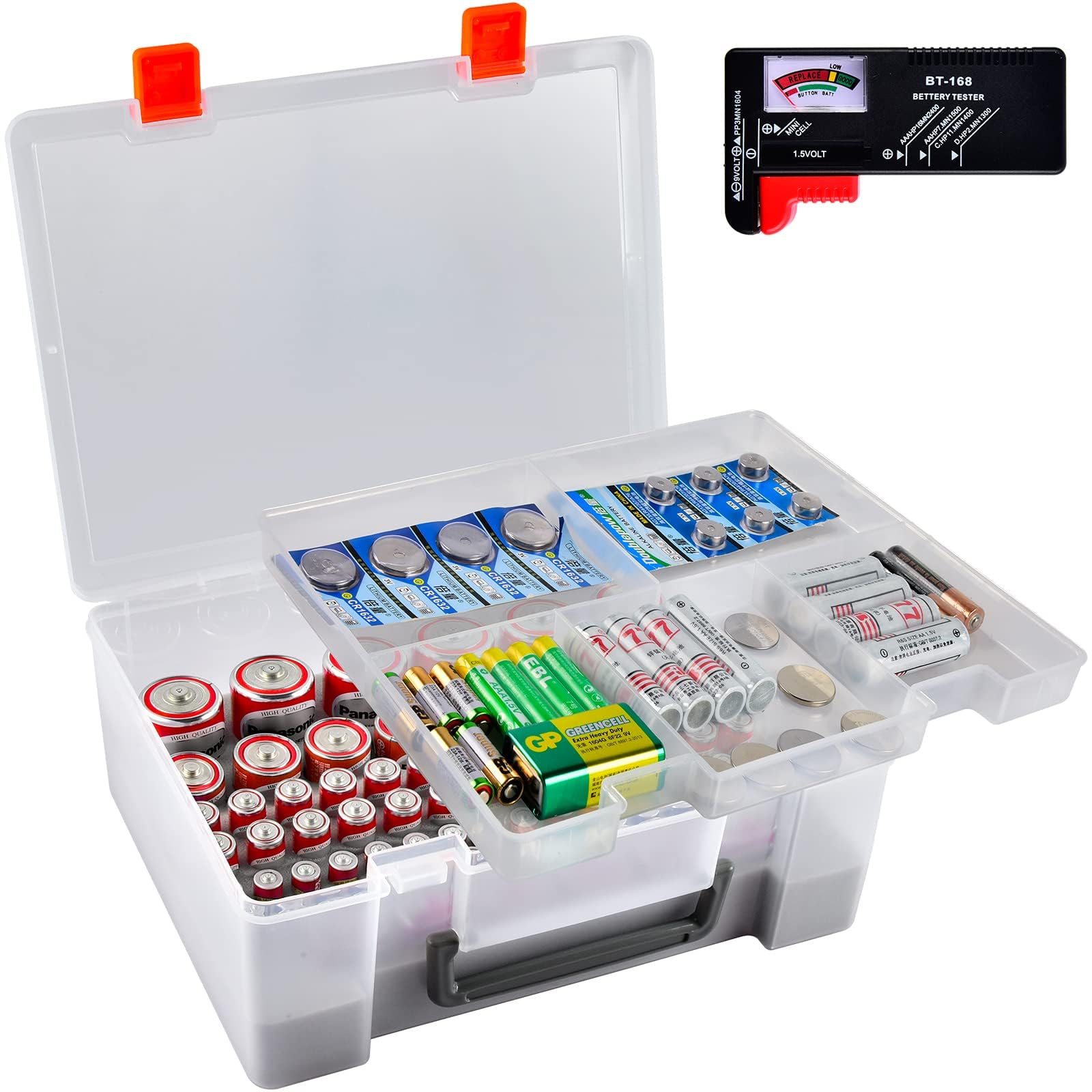 Premium Battery Organizer Holder with Built-in Tester - 120+ Storage Slots for AA, AAA, 9V, C, D, Lithium & Button Cells (CR2032, CR2025, CR2016, LR44) - Transparent Plastic Case - Perfect for Home, Office, Emergency Kits & Electronics Storage