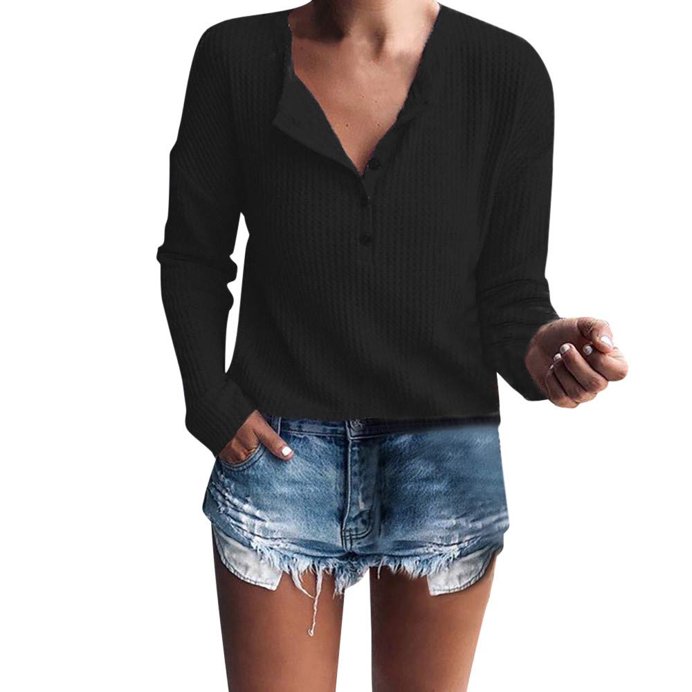 WOCACHI Women's Henley Collar Long Sleeve Rib Waffle Knit Sweater Blouse - Elegant Button Tunic Top for Casual Wear, Office & Date Nights