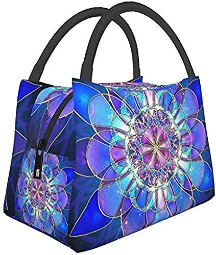 Portable Insulated Lunch Bag with Blue Flower Mandala Design - Leakproof Zipper Cooler for School, Work, Office & Picnic - Perfect for Meal Prep, Outdoor Activities & Daily Commute