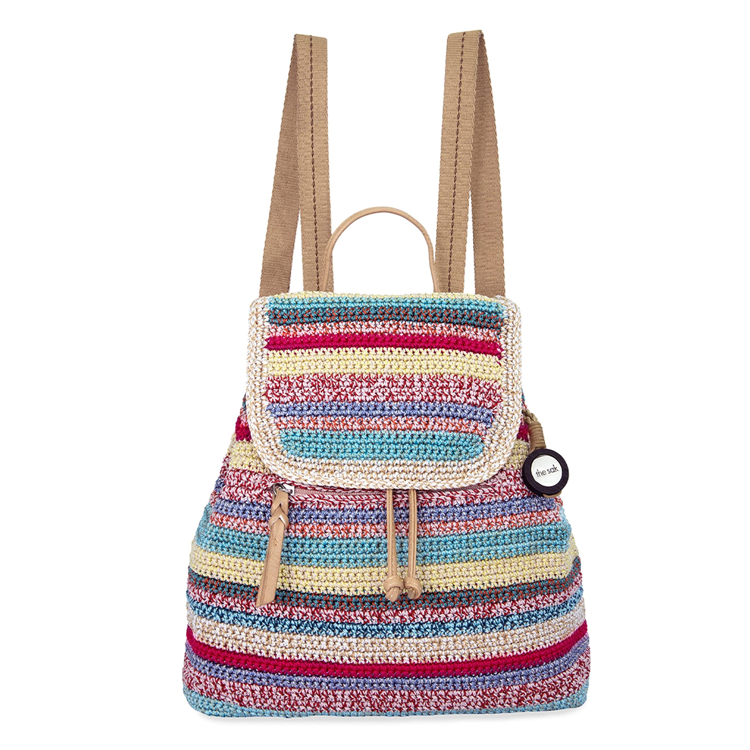 The Sak Sayulita Crochet Backpack - Adjustable & Removable Straps, Eden Stripe Design - Perfect for Beach, Travel & Everyday Use