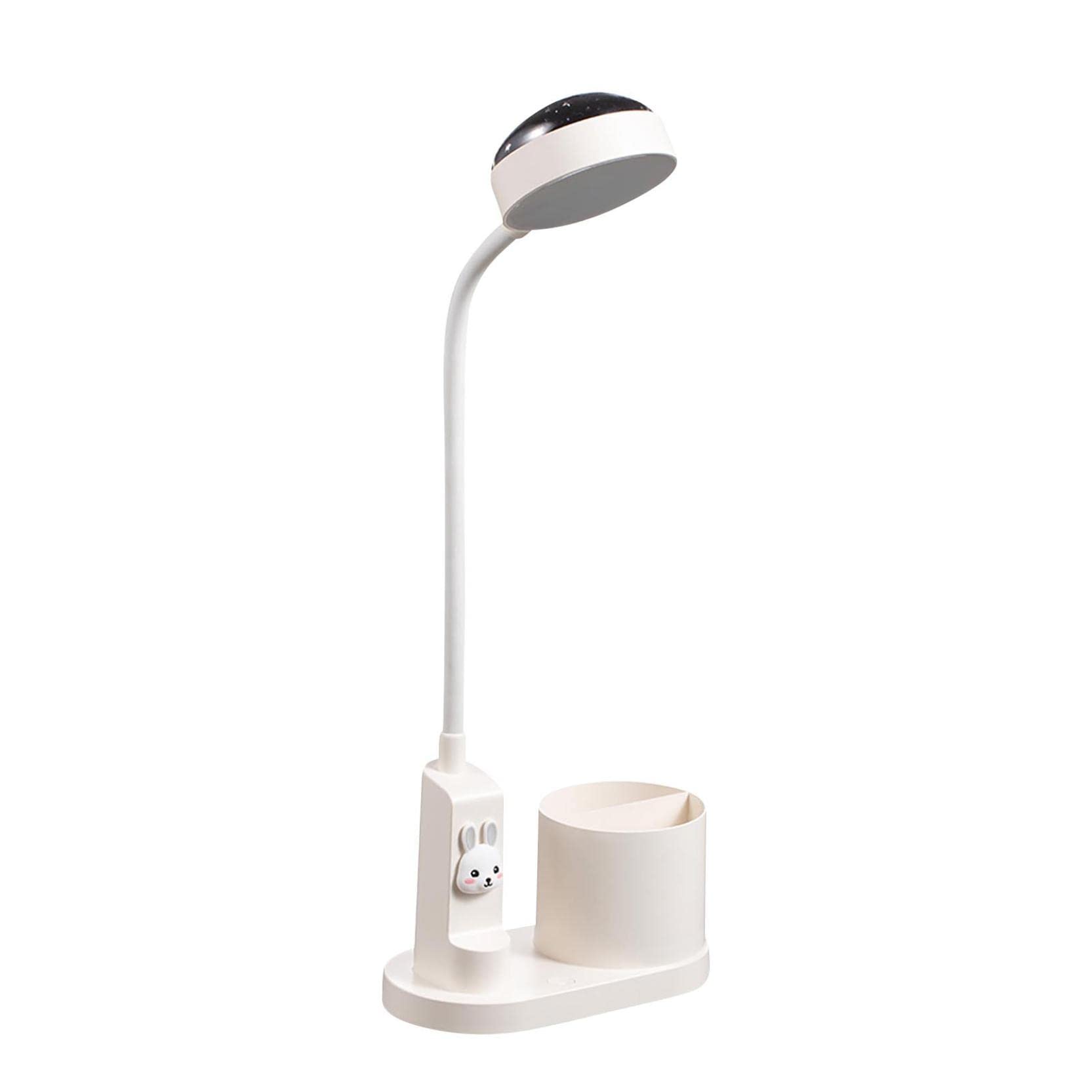 LED Small Desk Lamp with Pen Holder - Eye Protection Study Light for Students, Dorm Room & Office - Adjustable Brightness Desktop Lamp with Romantic Projection Night Light (White) | Perfect for Reading, Working & Bedroom Decor