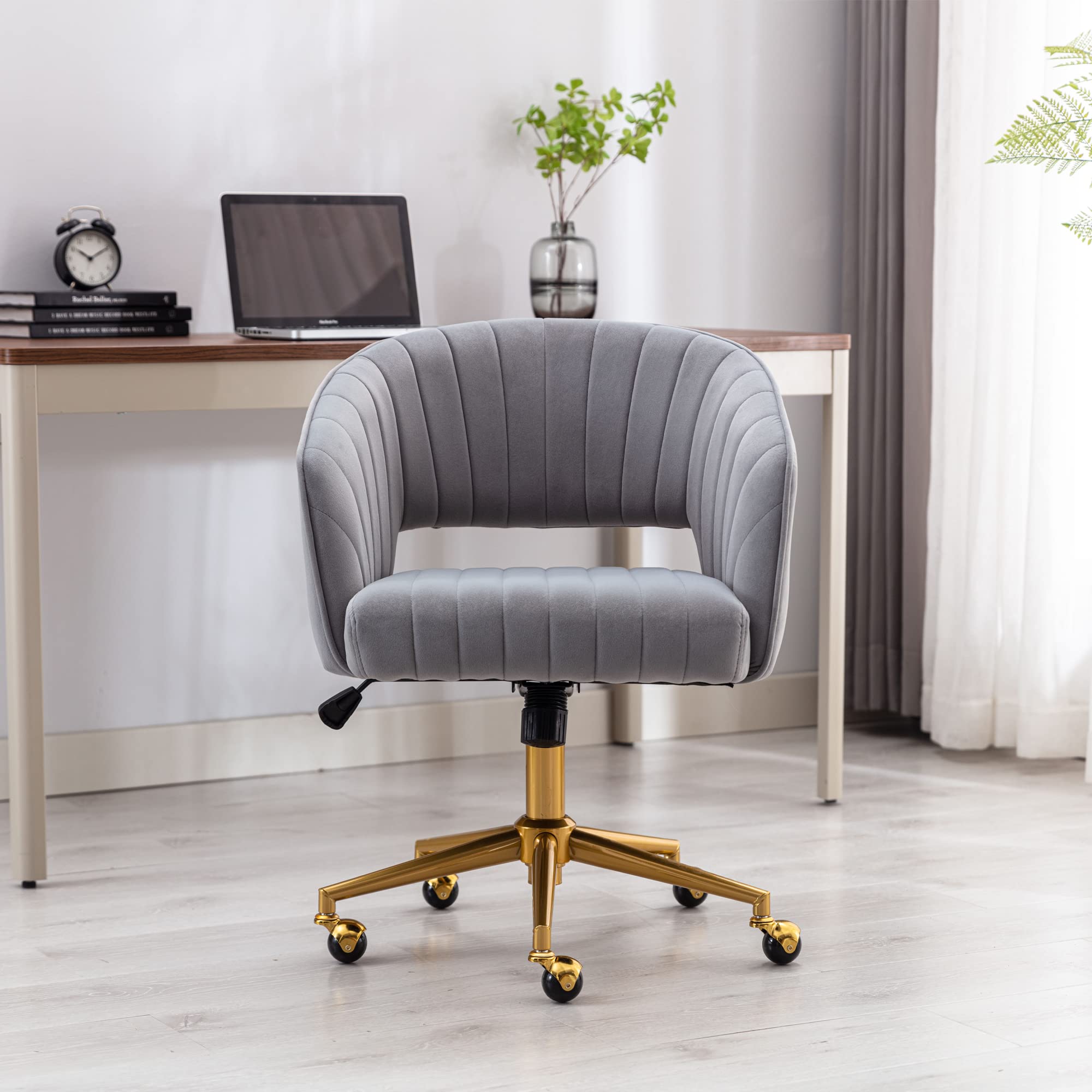 Velvet Reclining Office Chair with Gold Base - Modern Tufted Swivel Desk Chair with Wheels for Home Office & Living Room - Gray Upholstered Vanity Chair with Integrated Back/Armrest & Shell Stripe Surface - Perfect for Work, Gaming & Relaxation