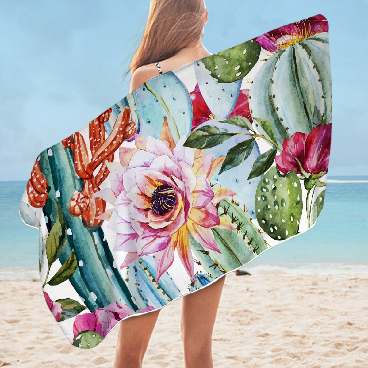 Vibrant Cactus Print Oversized Beach Towel - Soft Quick-Dry Bath Towel for Pool, Yoga, Gym & Outdoor Activities