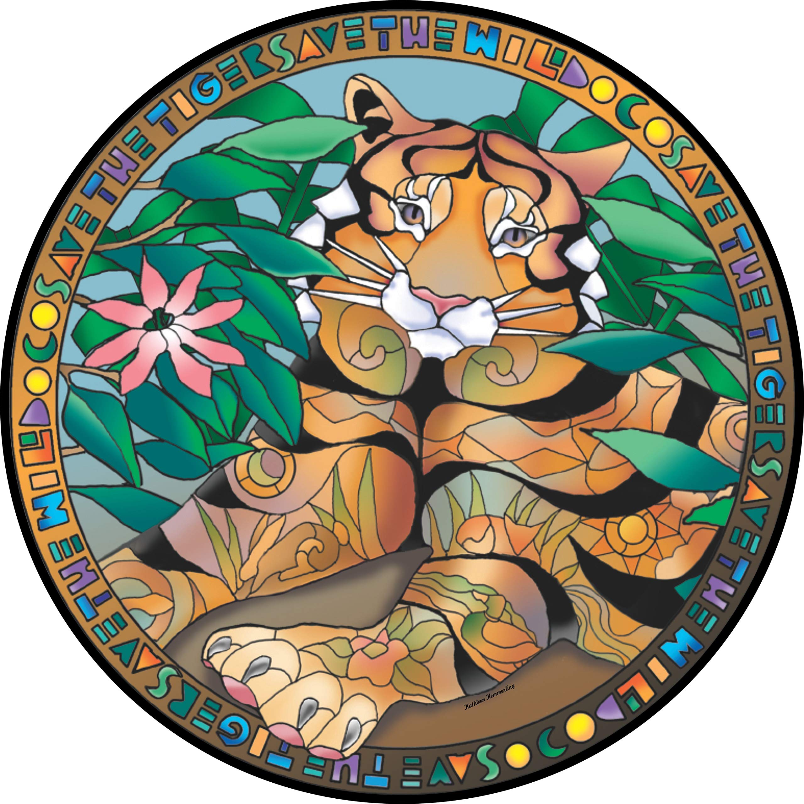 Tiger Faux Stained Glass Spare Tire Cover - Universal Fit for All Vehicle Models (255/70R18 & Backup Camera Option) - Waterproof & UV Resistant for Outdoor Adventures & RV Camping