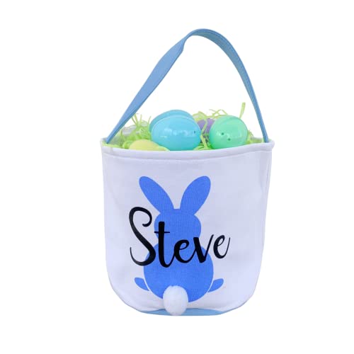 Personalized Bunny Easter Basket with Handle - Custom Name Rabbit Egg Collecting Pail for Kids (Blue Bunny) - Perfect for Easter Egg Hunts, Spring Decor & Gift Giving