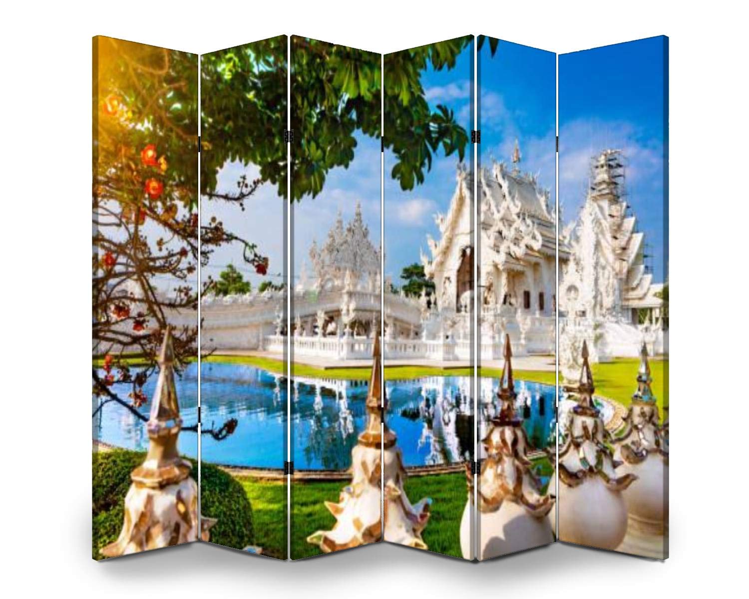 APED DECOR 6-Panel Wooden Room Divider - White Temple Chiang Rai Inspired Folding Privacy Screen, Dual-Sided Canvas Partition for Home & Office - Perfect for Creating Private Spaces, Home Decor, and Room Separation