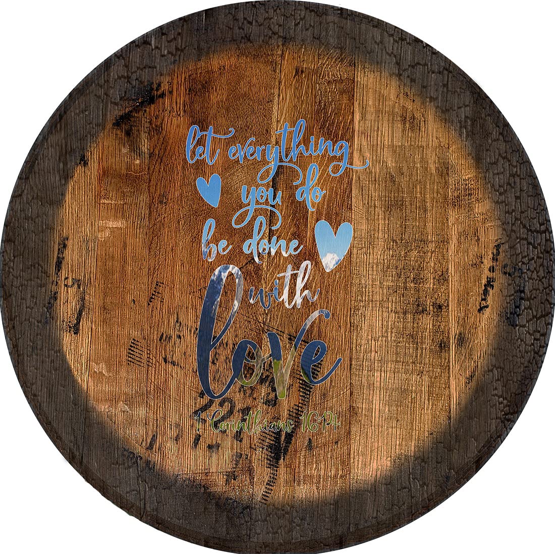 PS Prints with Love Corinthians Faith Sign - Large Oak Whiskey Barrel Lid Wall Decor - Perfect for Home, Church & Rustic Wedding Decorations