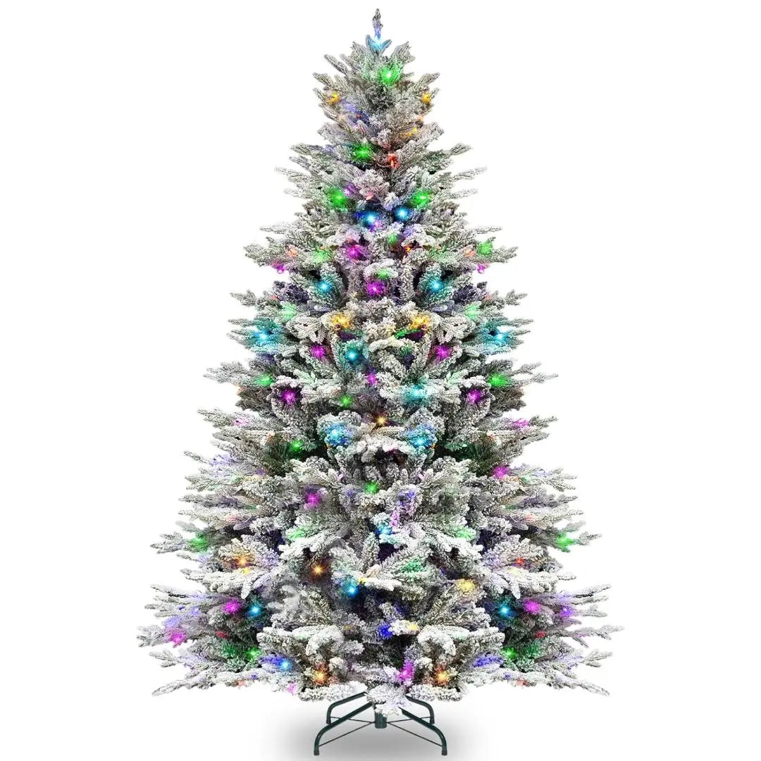 6.5'/7.5' Premium Pre-Lit Snow Flocked Artificial Christmas Tree with 11 Modes LED Lights, 800+ Branch Tips, Sturdy Metal Stand & Hinged Branches - Perfect for Living Room, Office, and Holiday Decorations