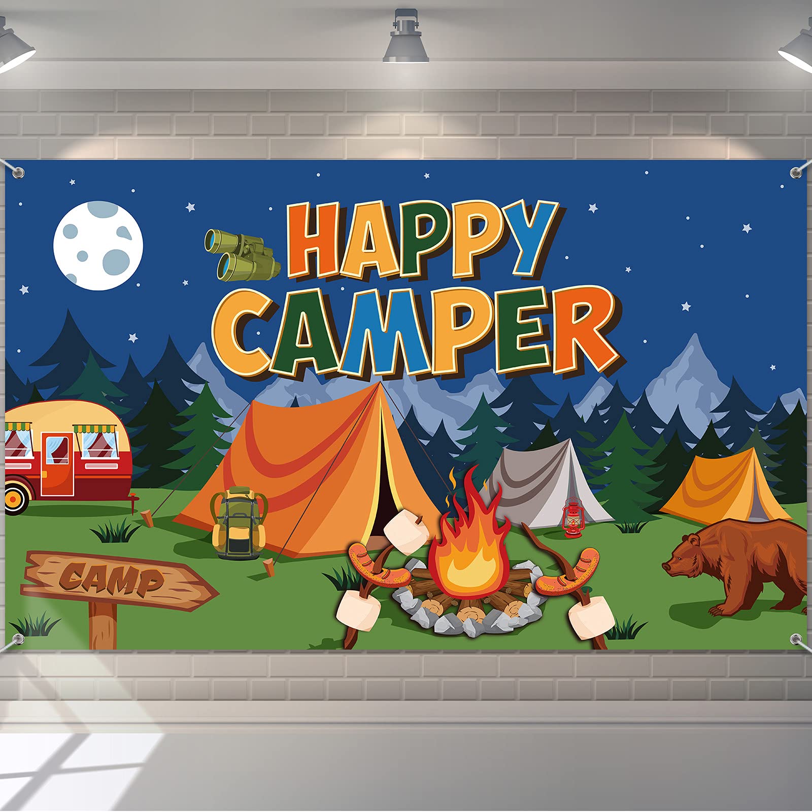 Happy Camper Banner - 70.8x43.3 Inch Camping Party Decor for Kids & Baby Showers