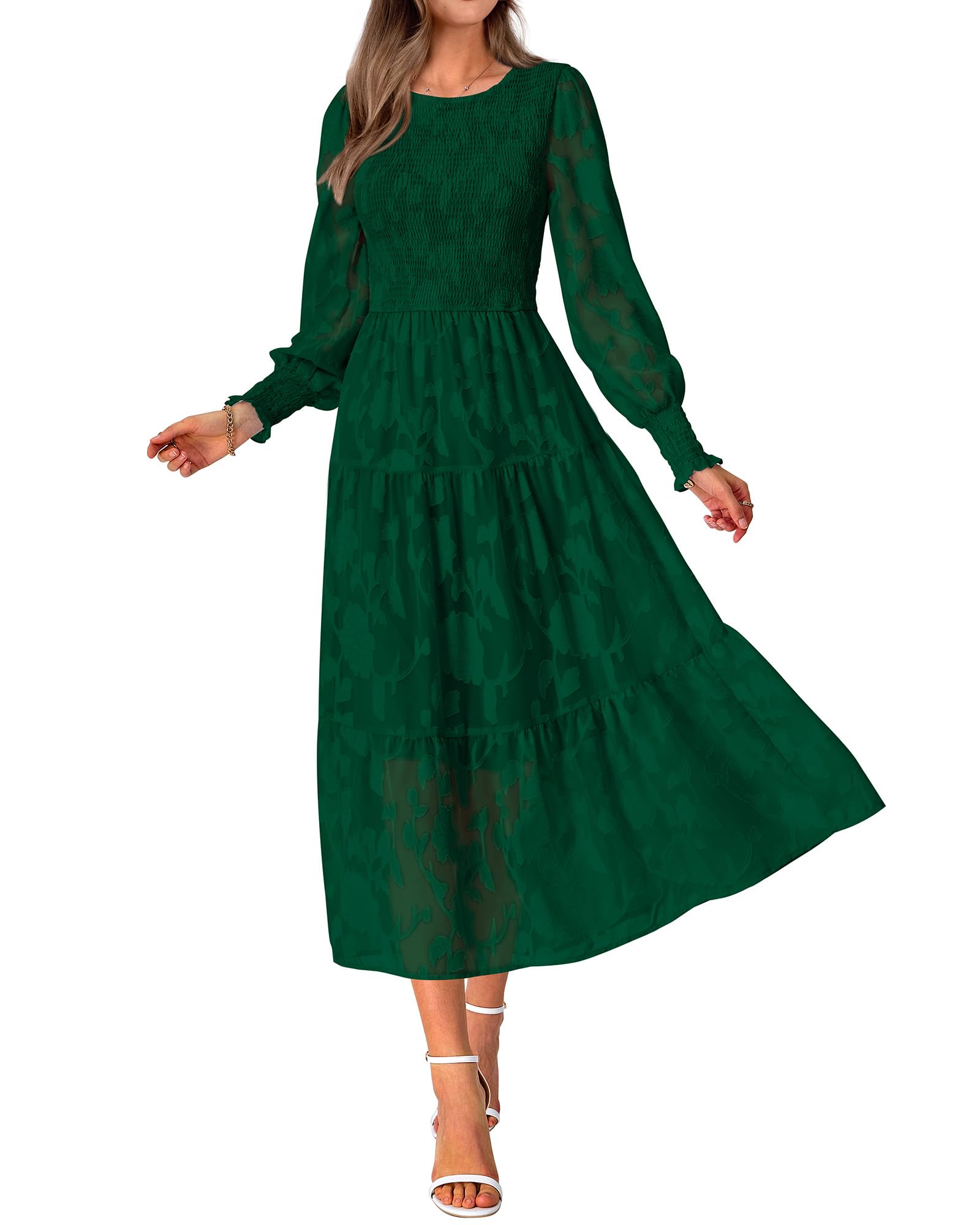 BTFBM Women's Elegant Floral Midi Dress - Long Sleeve Bohemian Wedding Guest Dress for Spring 2025 | Perfect for Garden Parties, Bridal Showers & Formal Events