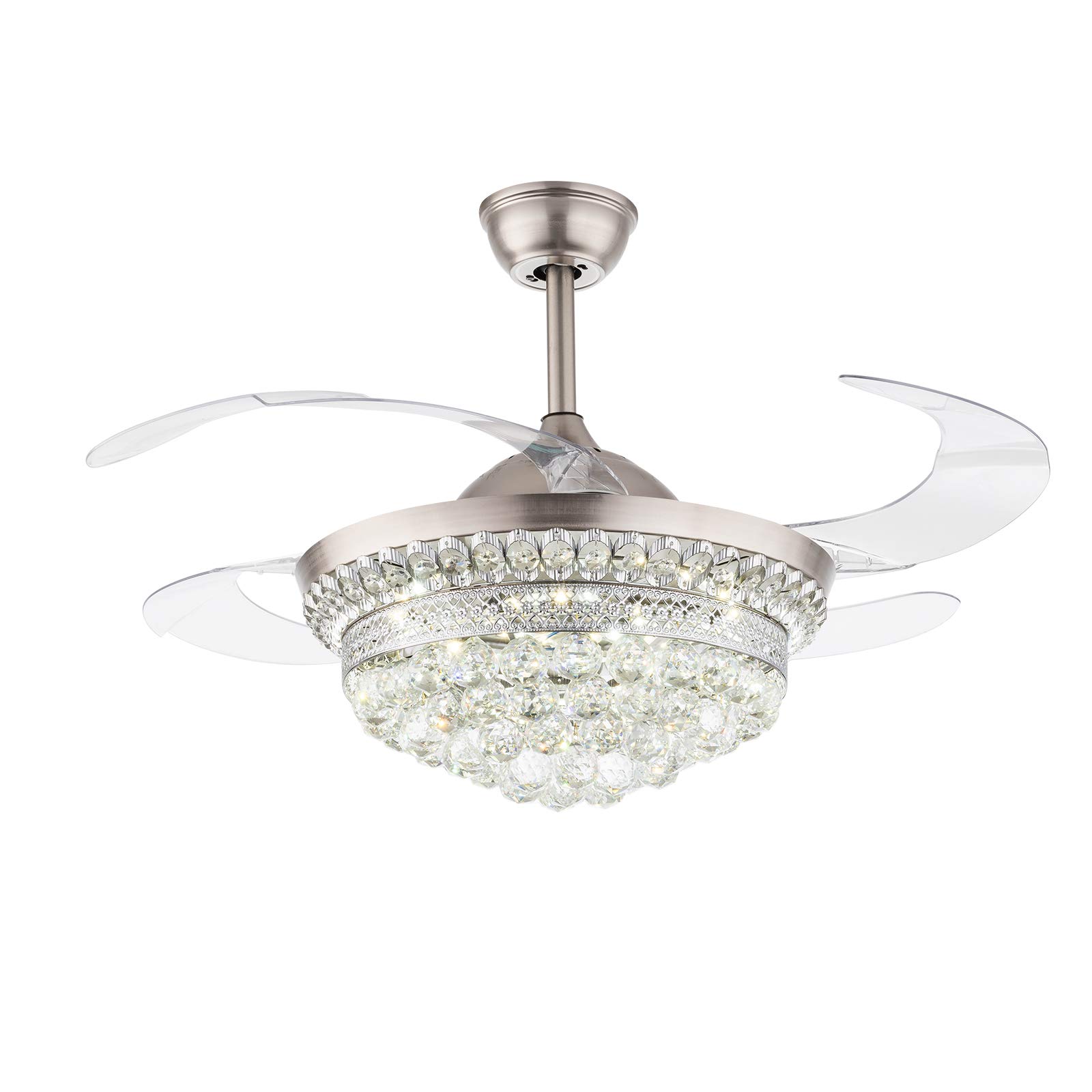 42 Inch Crystal Ceiling Fan with Light & Remote Control - Adjustable Height, Acrylic Crystal Shade & 4 Retractable Invisible Blades (Silver) - Perfect for Living Room, Bedroom & Dining Room Decoration