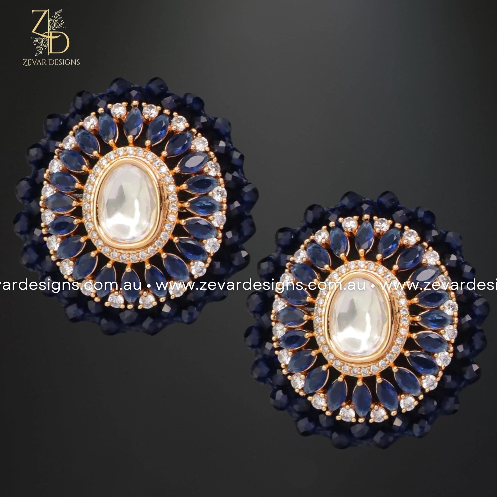 Blue Kundan & Zirconia Stud Earrings for Women - Elegant Indian Jewelry for Parties, Weddings & Special Occasions