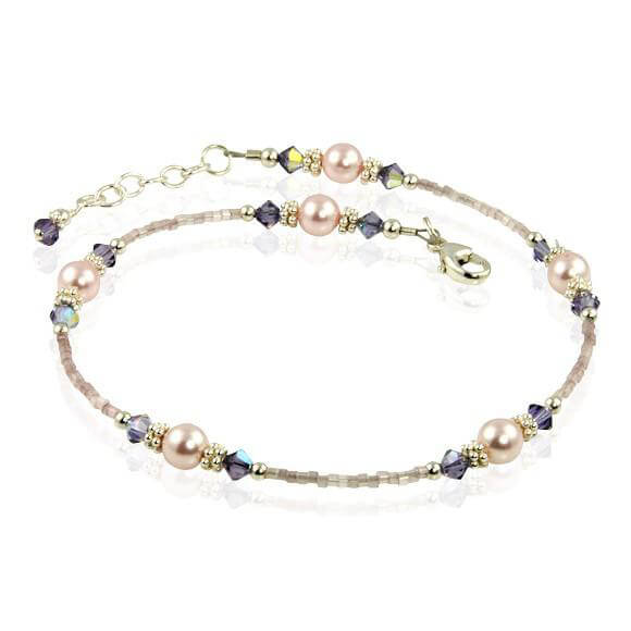 Elegant Tanzanite Mauve Pink Pearl Beaded Anklet - Handmade Adjustable Ankle Bracelet for Women | Perfect for Beach, Wedding & Boho Fashion