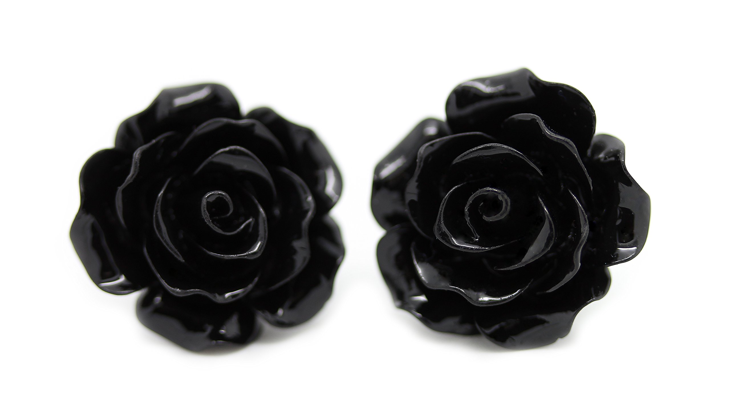 Bluebubble ENGLISH ROSE 22mm Midnight Black Carved Rose Clip-On Earrings for Women - Vintage Style Gift Card Jewelry - Perfect for Weddings, Parties & Special Occasions