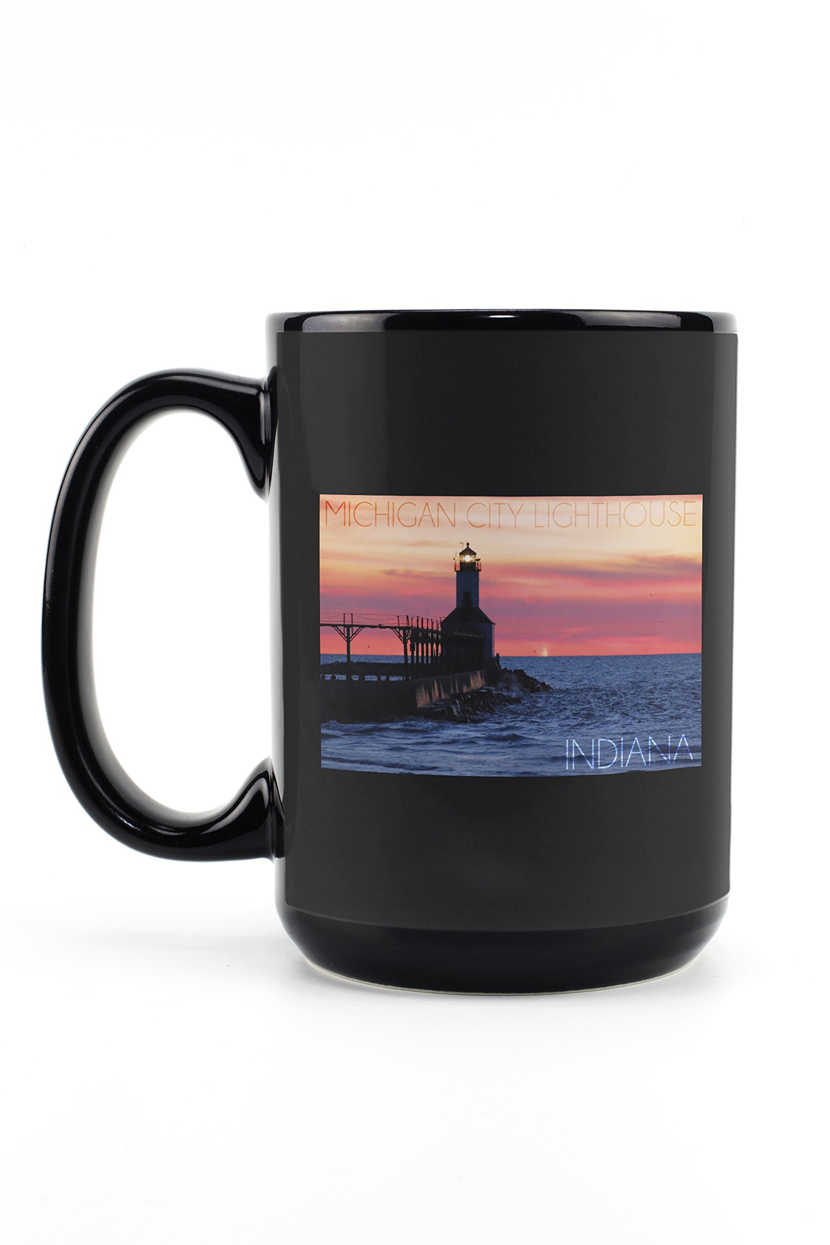 Lantern Press Indiana Michigan City Lighthouse Sunset Mug - 15oz Black Ceramic Coffee & Tea Cup, Dishwasher & Microwave Safe - Perfect for Home, Office & Gift Giving