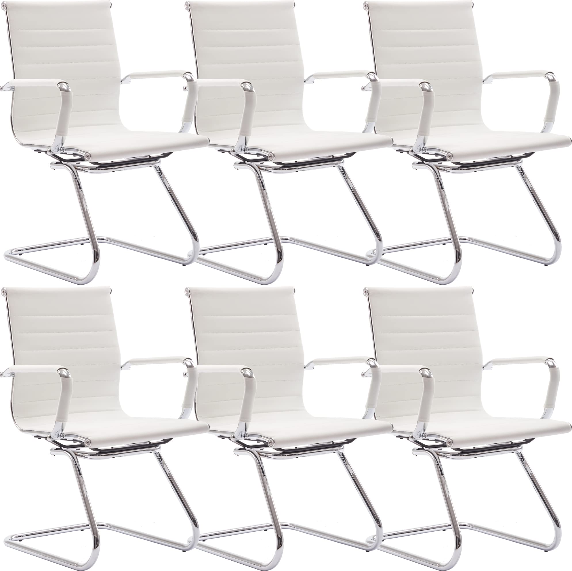Wahson Office Guest and Reception Chairs - Leather Mid Back Conference Chairs with Sled Base for Meeting Room, Lobby, Waiting Area - White (Set of 6) - Perfect for Corporate Offices, Hotels, and Reception Areas