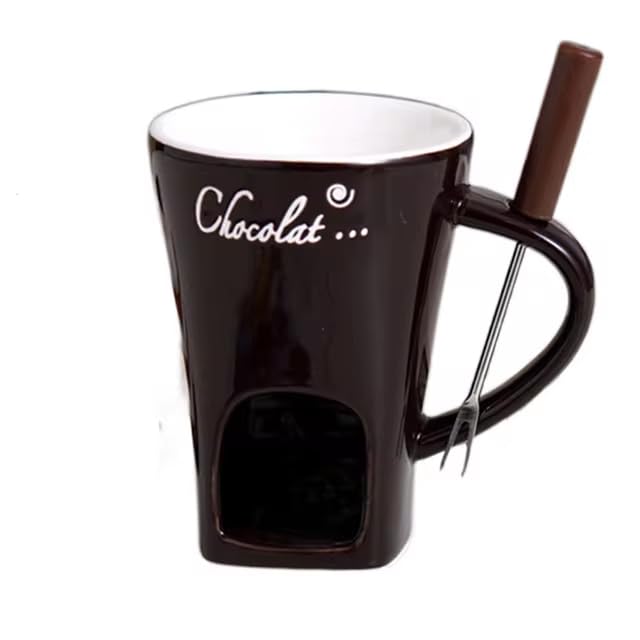 4.58oz Chocolate Fondue Mugs Set with Forks - Ceramic Melting Pot for Cheese, Caramel & Chocolate - Includes Tealight Candle - Perfect for Romantic Dinners, Dessert Parties & Coffee Butter Warmers