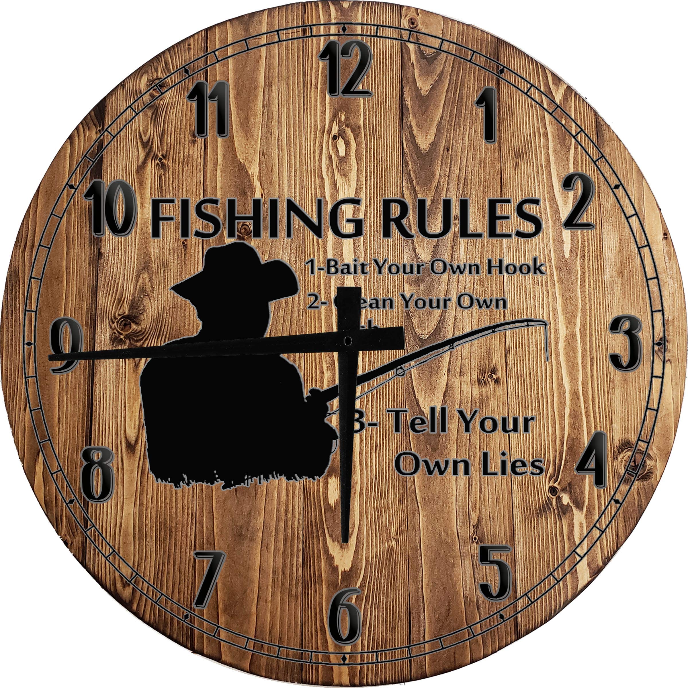 18 Inch Large Round Wood Wall Clock - Fish Wall Art Decor with Fishing Rules: Bait Own Hook, Clean Fish, Tell Your Own Lies - Perfect for Living Room, Cabin, or Man Cave