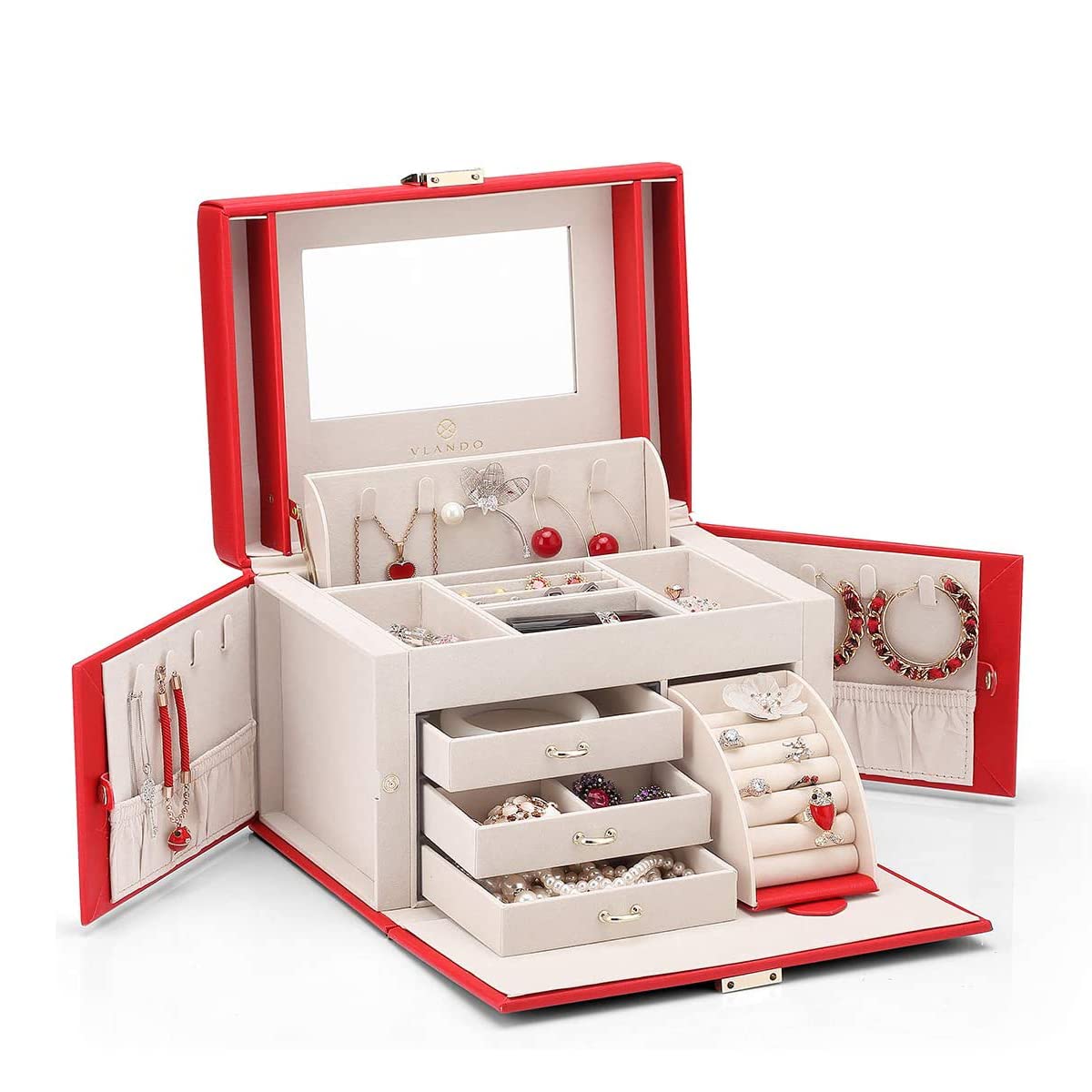 Vlando Wooden Jewelry Box for Women - Mirror Necklace Earring Organizer (Red) - Perfect for Bedroom Vanity & Gift
