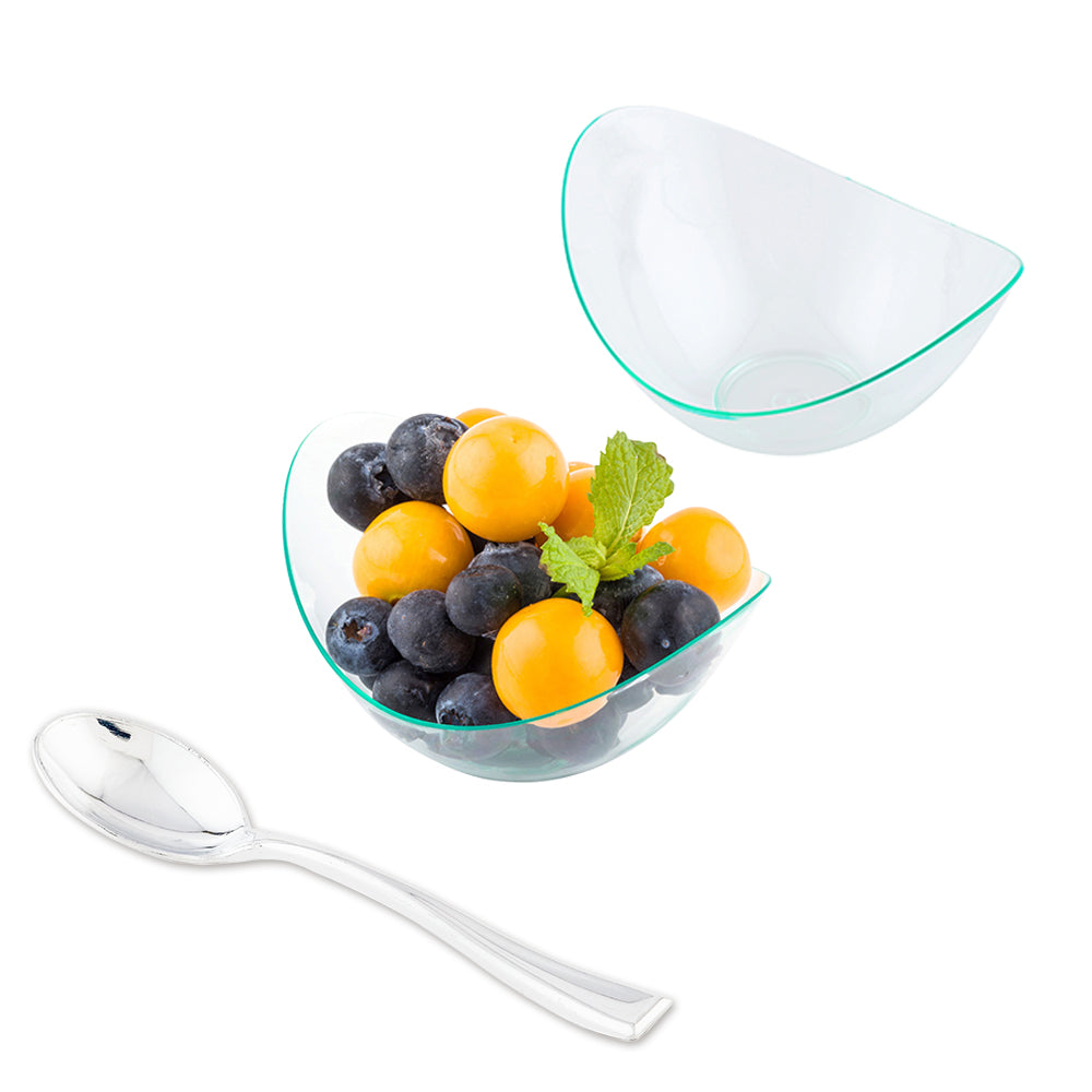 100 Pack 2 oz Oval Seagreen Plastic Tasting Dishes with 100 Silver Mini Plastic Spoons - Perfect for Wine Tasting, Food Sampling, and Party Appetizers