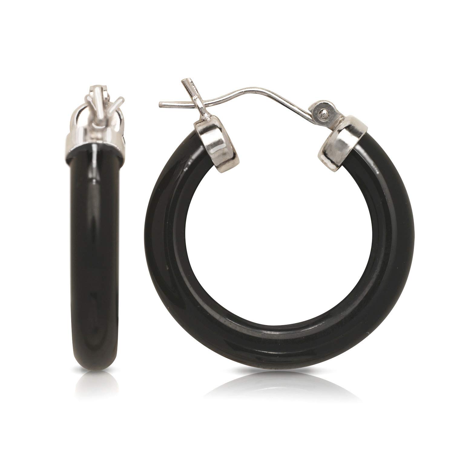Sterling Silver Onyx, Lavender Jade, or Green Jade Hoop Earrings for Women - 4mm x 26mm Dainty Tube Hoops - Elegant Jewelry for Everyday Wear, Office, Parties & Special Occasions