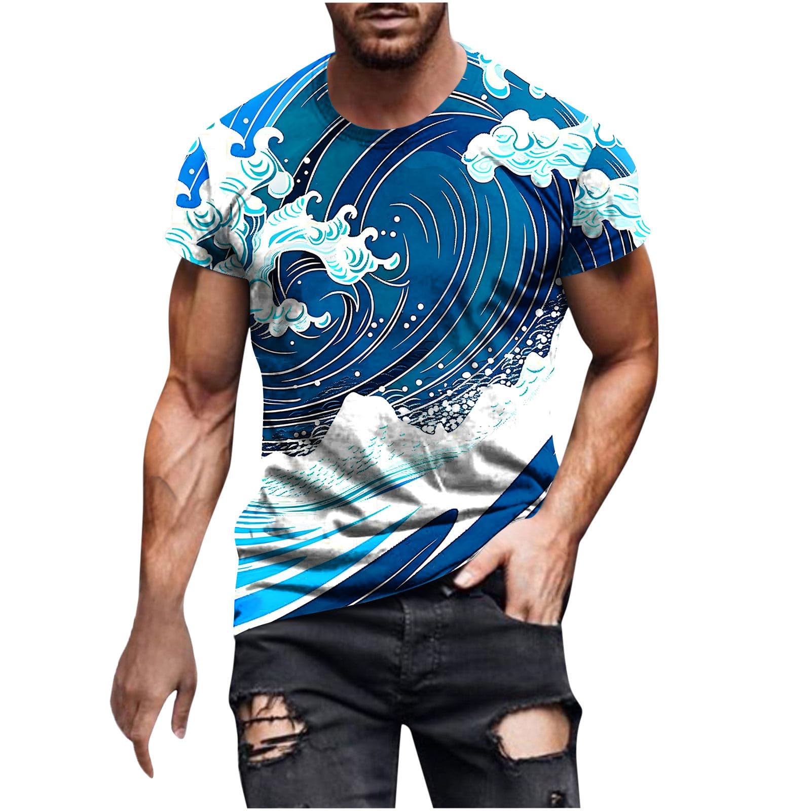 3D Hawaiian Printed Men's Short Sleeve T-Shirt - Tropical Waves Graphic Tee - Summer Beach Streetwear Top for Casual Wear & Vacation Outfits
