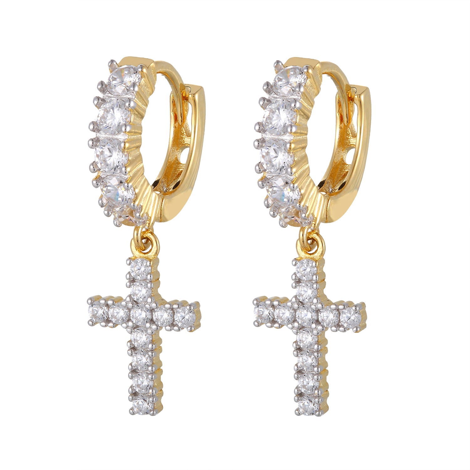 14k Gold Tone 925 Silver One Row Cross Dangling Hoop Earrings - Perfect for Everyday Wear, Parties & Gifts