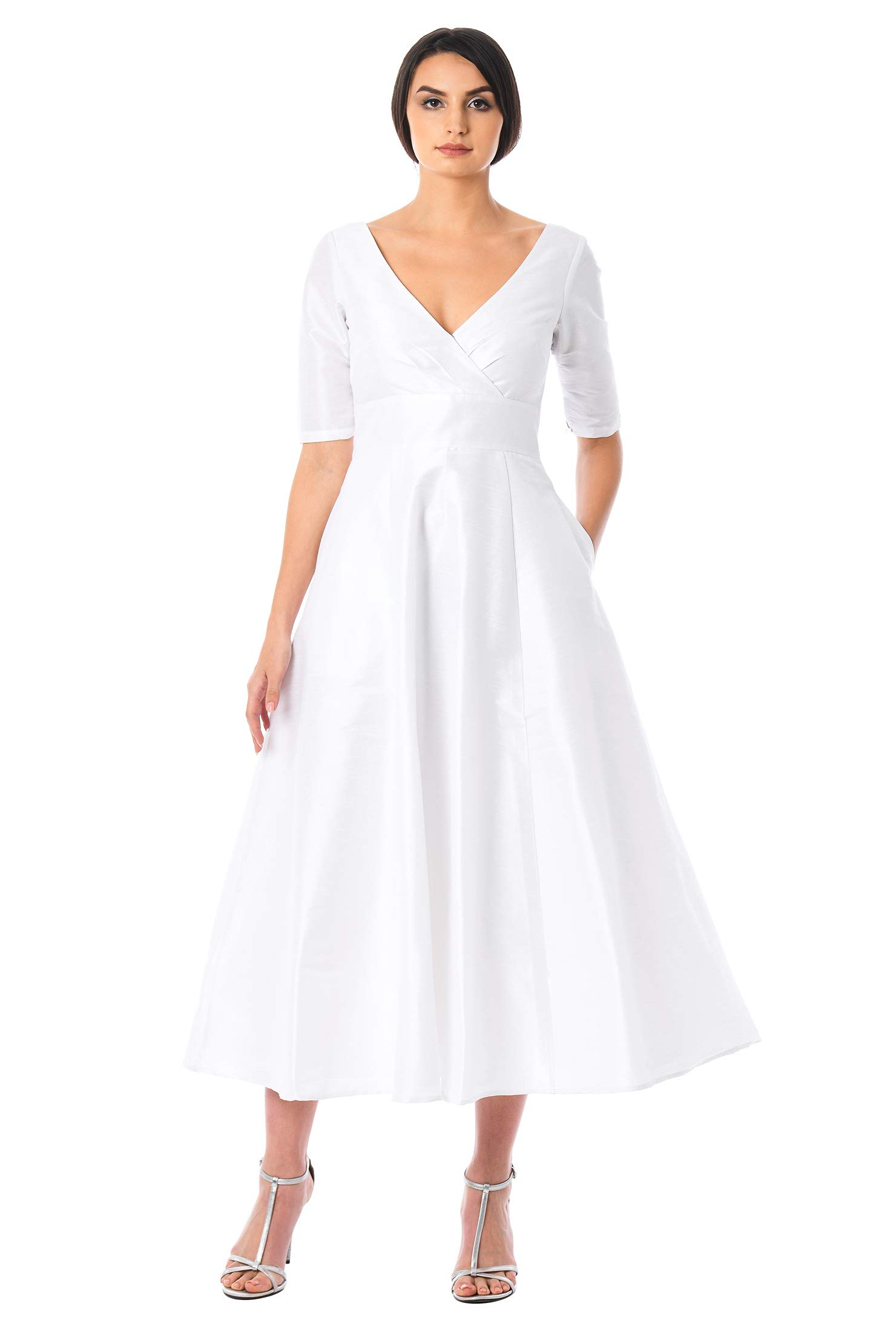 Customizable eShakti FX Surplice Dupioni Tea Length Dress - Adjustable Neckline, Sleeve & Hem | Perfect for Cocktail Parties, Weddings & Formal Events