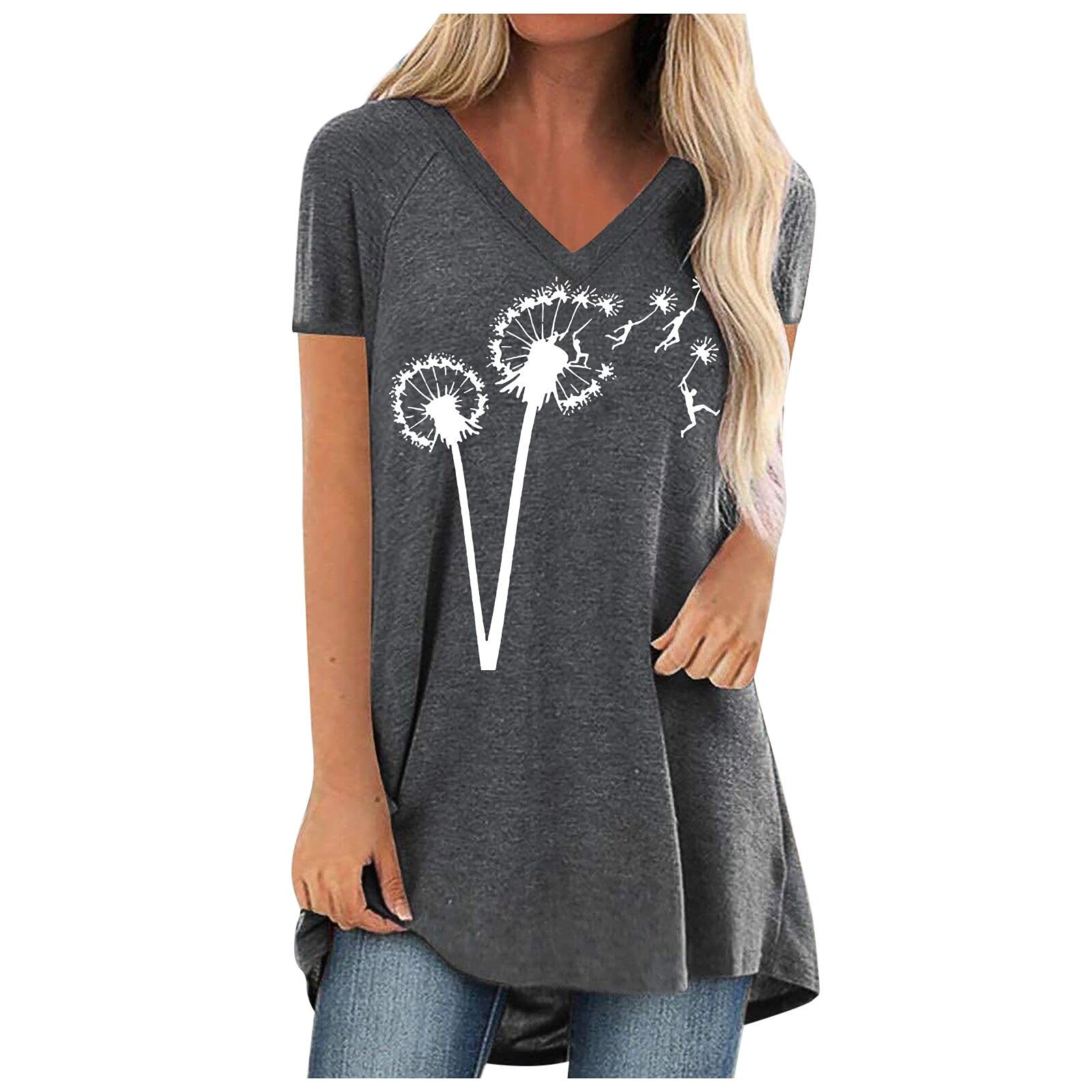 Plus Size Women's Summer Short Sleeve T-Shirt - Sun Moon Sunflower Graphic Flowy Tunic Top for Casual Wear & Vacation Outfits