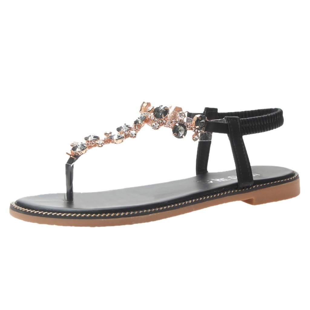 Roman Women's Open Toe Rhinestone Flat Sandals - T-Strap Thong Sandals for Women | Dressy Black Summer Sandals for Beach, Party & Casual Outfits