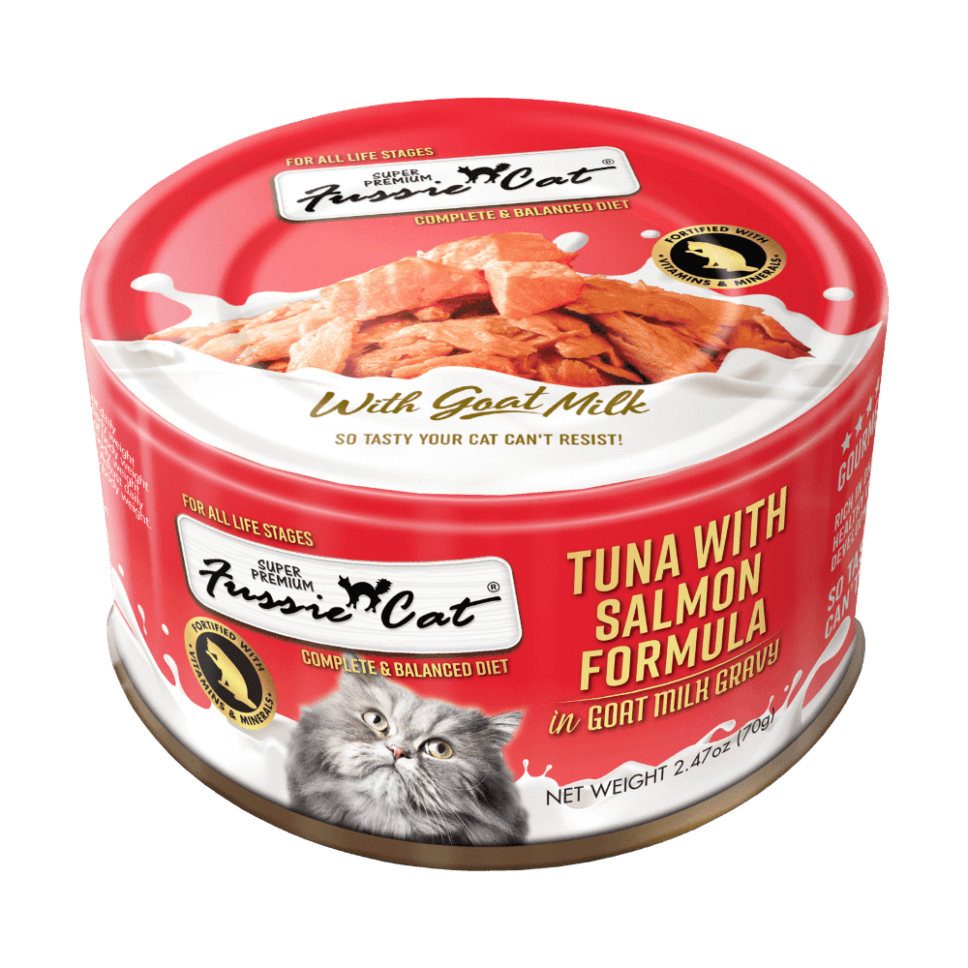 Premium Fussie Cat Goat Milk Tuna & Salmon in Gravy Wet Cat Food - 70g Pouch | High Protein Natural Cat Treat for Adult & Senior Cats | Perfect for Mealtime, Travel & Weight Management