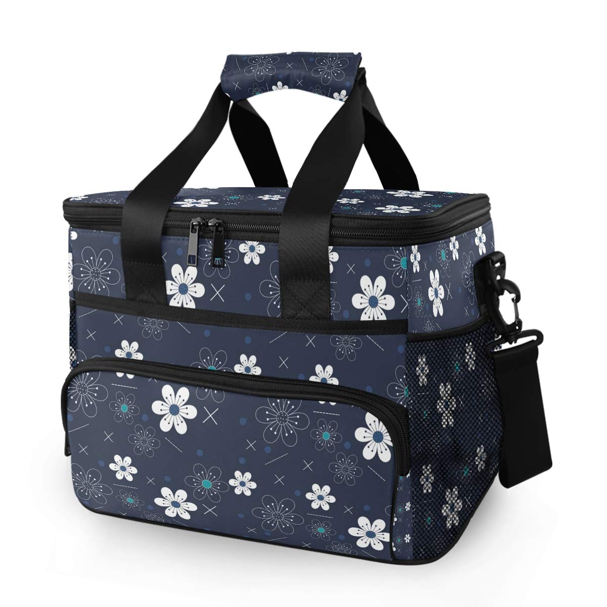 JUMBEAR 15L Leakproof Insulated Lunch Cooler Bag - Reusable Thermal Tote for Office, Work, Picnic, Hiking & Beach - Adjustable Shoulder Strap & Spacious Organizer - Perfect for Meal Prep, Camping Trips & Outdoor Adventures (Blue Floral Design)