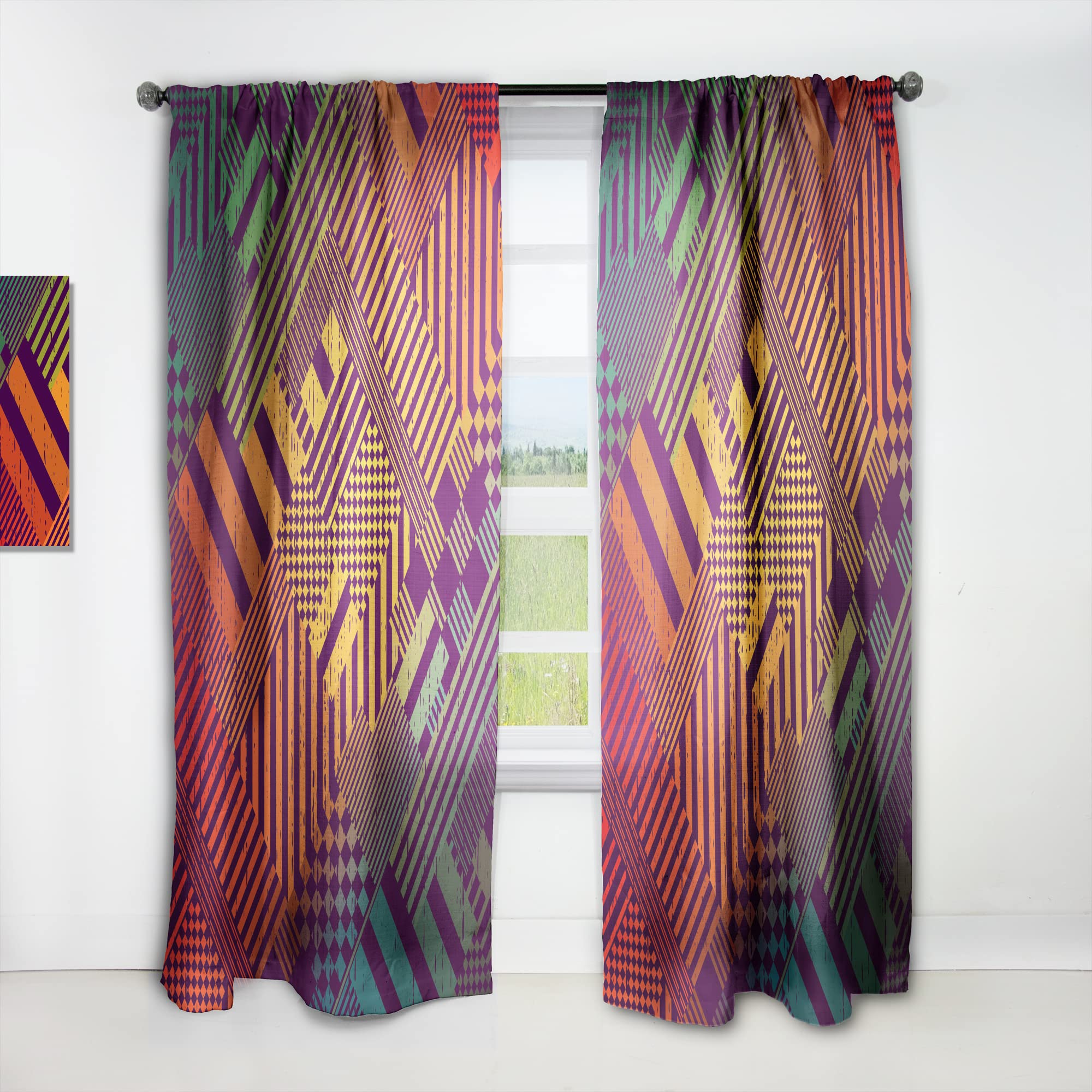Grungy Geometric Abstract Curtains in Green, Yellow & Blue - Thermal Insulated Single Panel (52x120 inches) for Bedroom & Living Room - Modern Window Drapes for Home Decor & Light Blocking