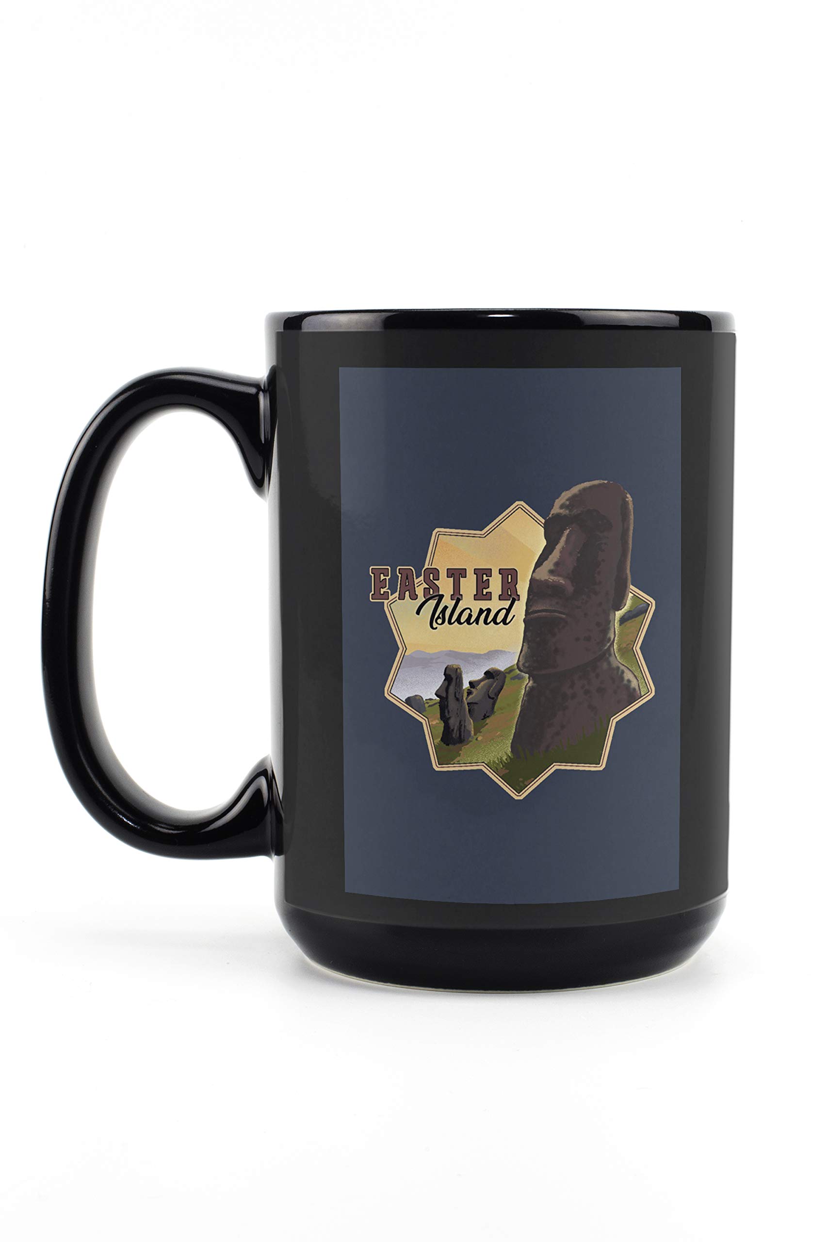 Easter Island Lithograph Contour 15oz Black Ceramic Coffee Mug - Microwave & Dishwasher Safe - Perfect for Home, Office & Travel Use