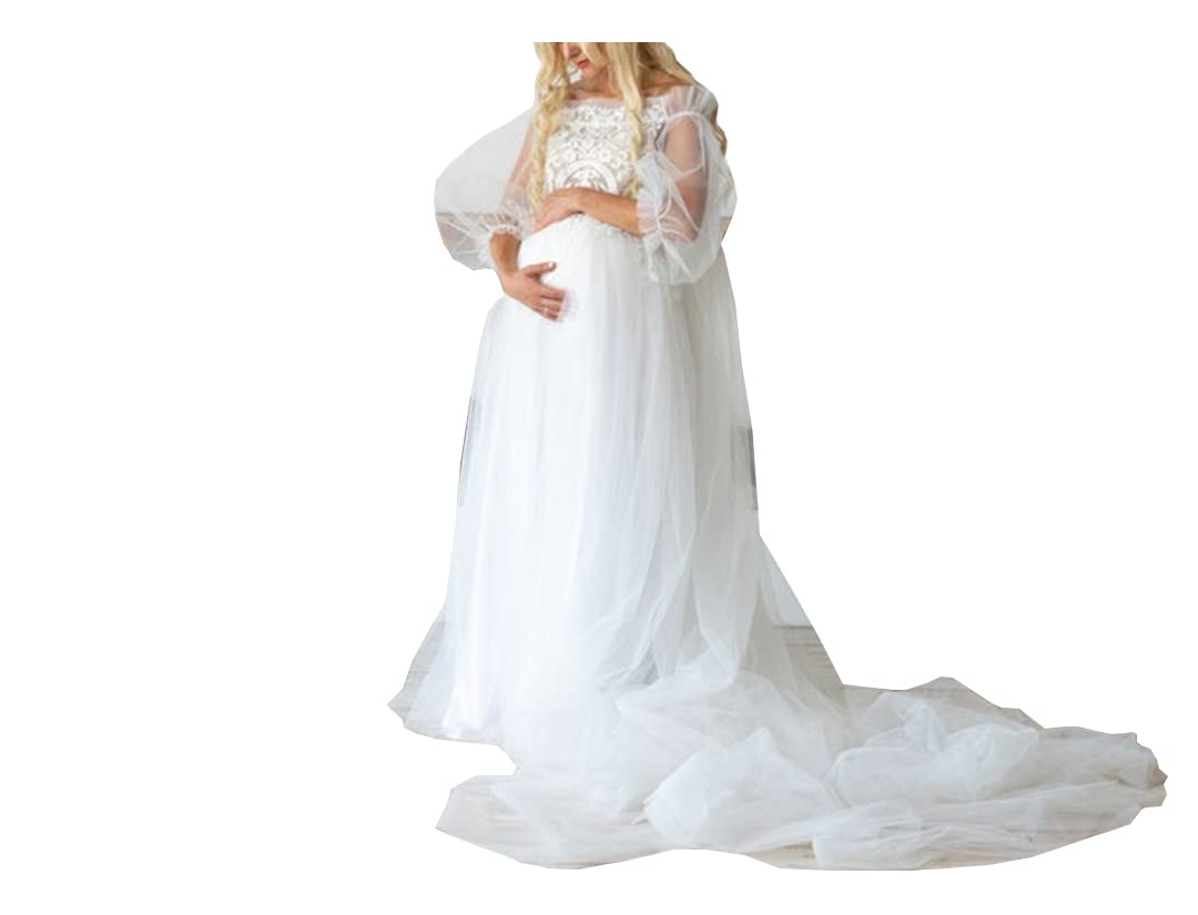 Elegant Maternity Tulle Robe - Long Lace Dressing Gown for Baby Shower, Photoshoot & Pregnancy Photos | Off Shoulder Bridal Nightgown for Special Occasions
