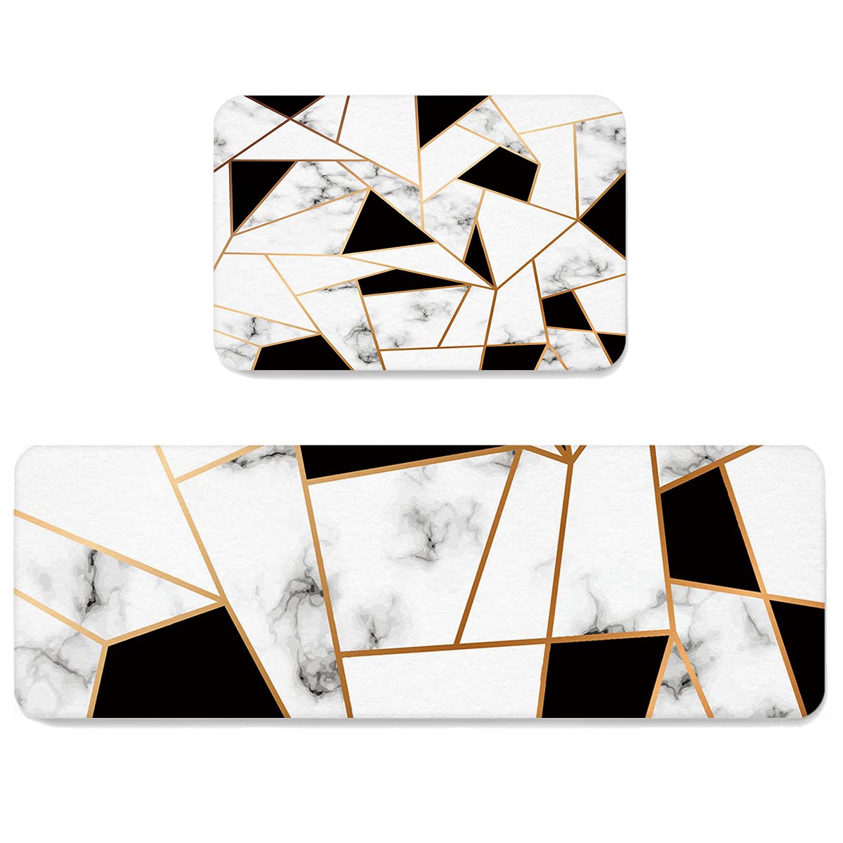 LooPoP Anti-Fatigue Kitchen Floor Mats - 2-Piece Non-Slip Cushioned Runner Rugs for Marble Floors, Washable Black & Gold White Geometric Diamond Design - Perfect for Kitchens, Laundry Rooms & High-Traffic Areas