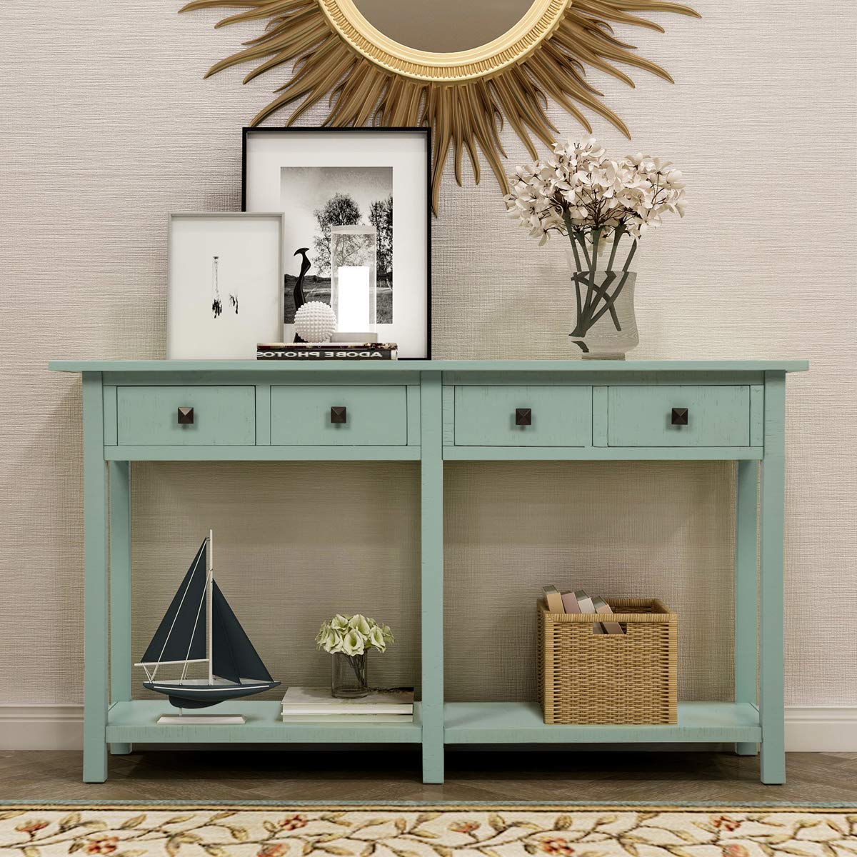 Rustic Console Table with Drawers & Bottom Shelf - Distressed Brushed Texture Entryway Sofa Table for Living Room, Hallway, or Foyer - Tiffany Blue Home Decor for Farmhouse & Coastal Style