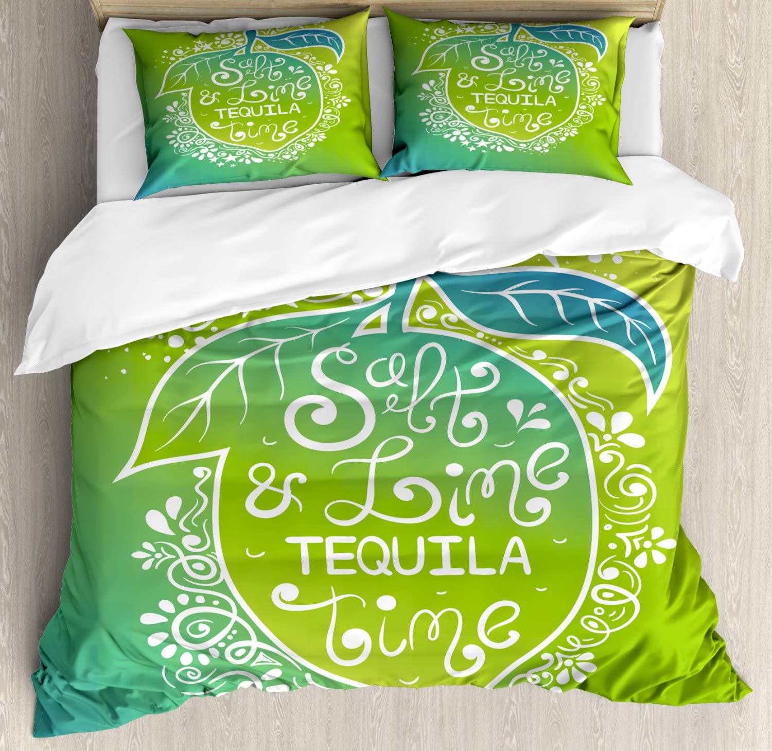 Ambesonne Tequila Duvet Cover Set - Vibrant Green Ombre Design with Salt Lime & Tequila Lettering on Lemon Print | 3-Piece King Size Bedding Set with 2 Pillow Shams | Perfect for Themed Bedrooms, Mexican Decor & Party Room Styling